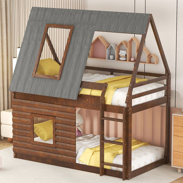 Wood Twin Size House Bunk Bed With Roof, Ladder