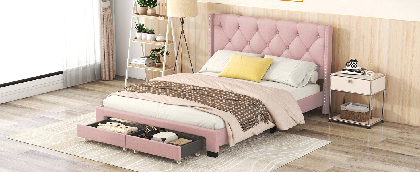 Queen Size Storage Bed Linen Upholstered Platform