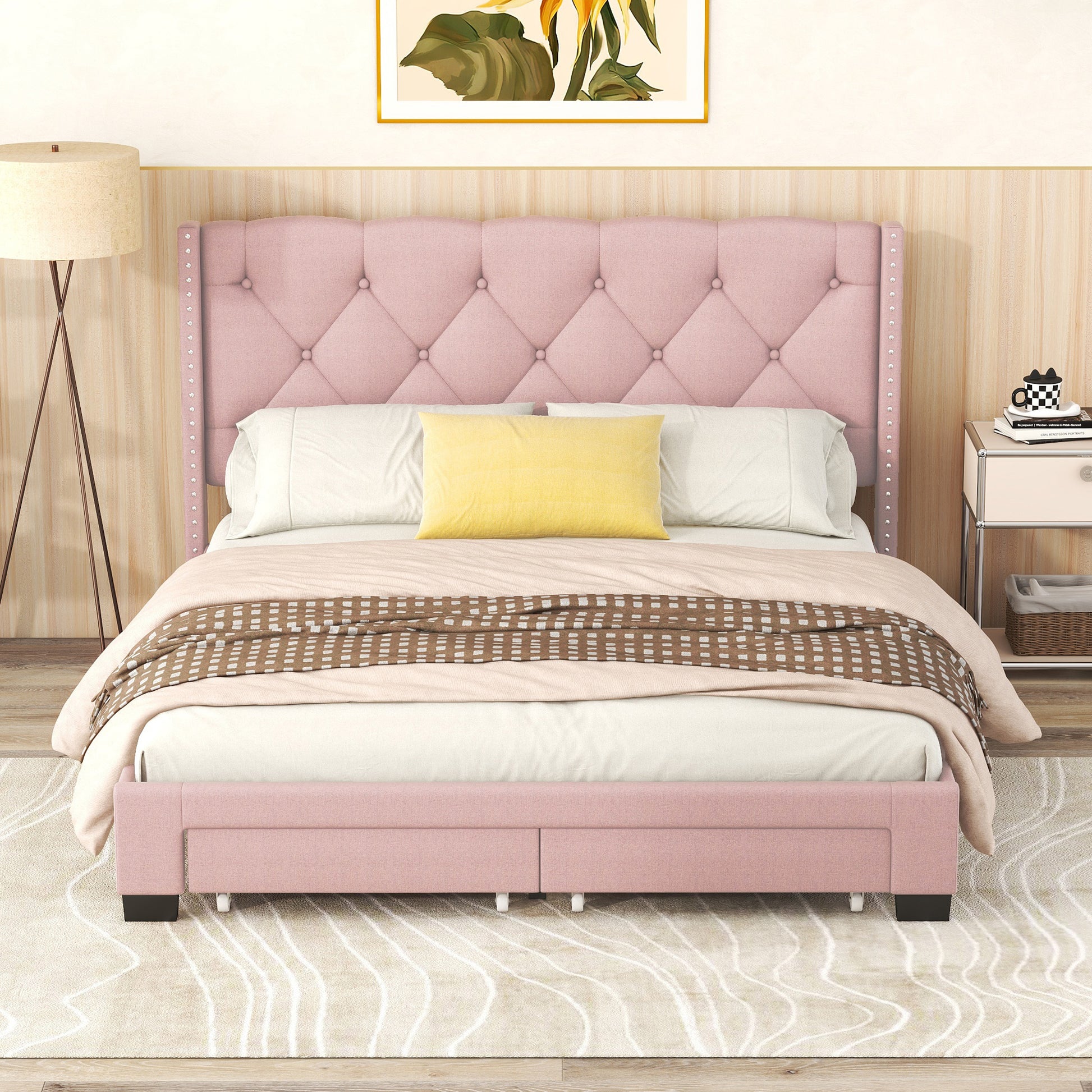 Queen Size Storage Bed Linen Upholstered Platform