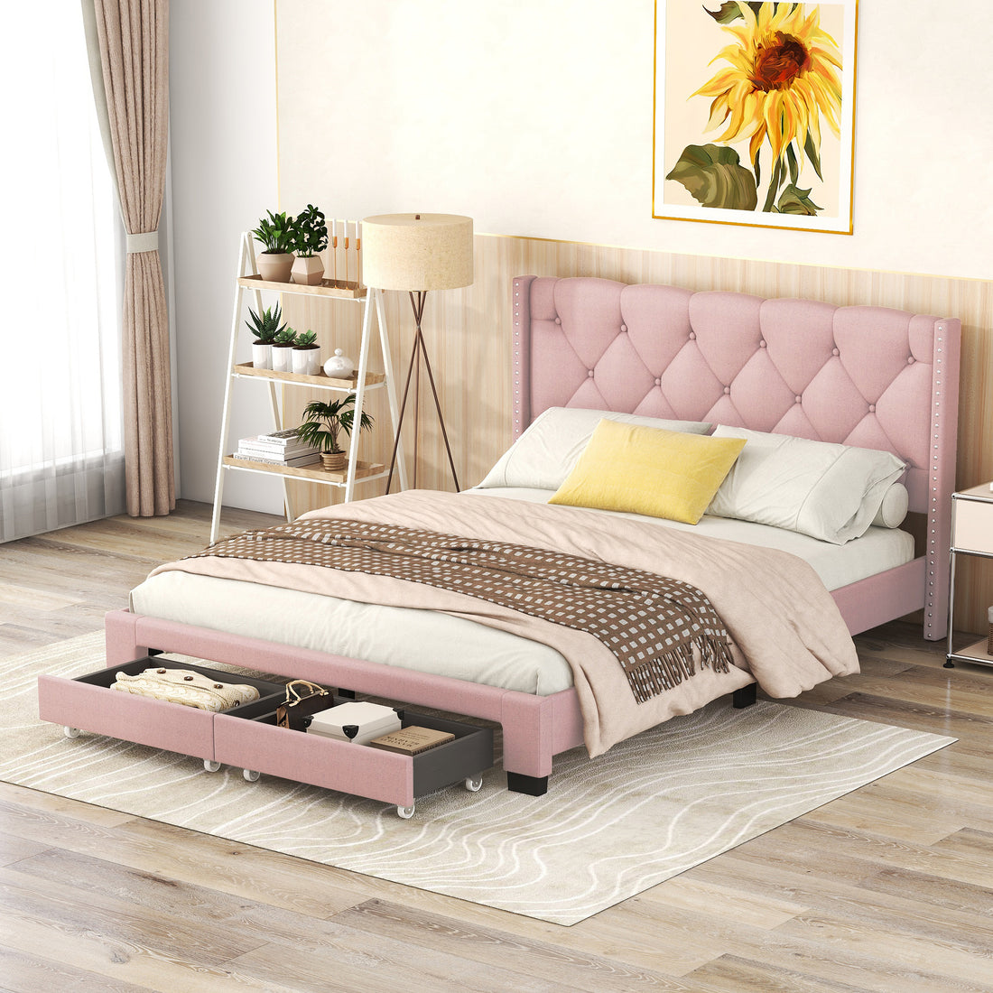 Queen Size Storage Bed Linen Upholstered Platform