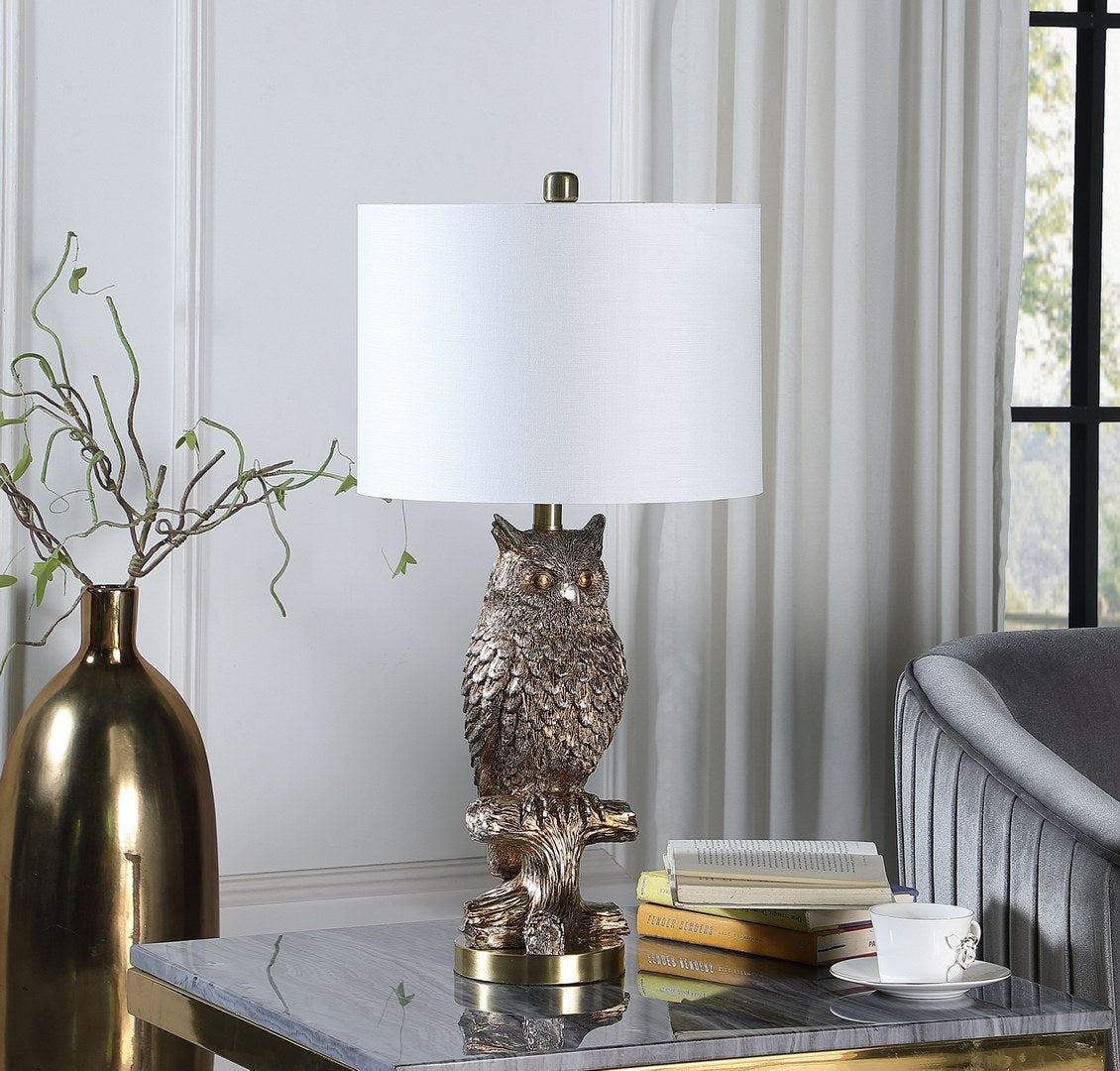 27.5" Silver Owl On A Branch Resin Table Lamp -