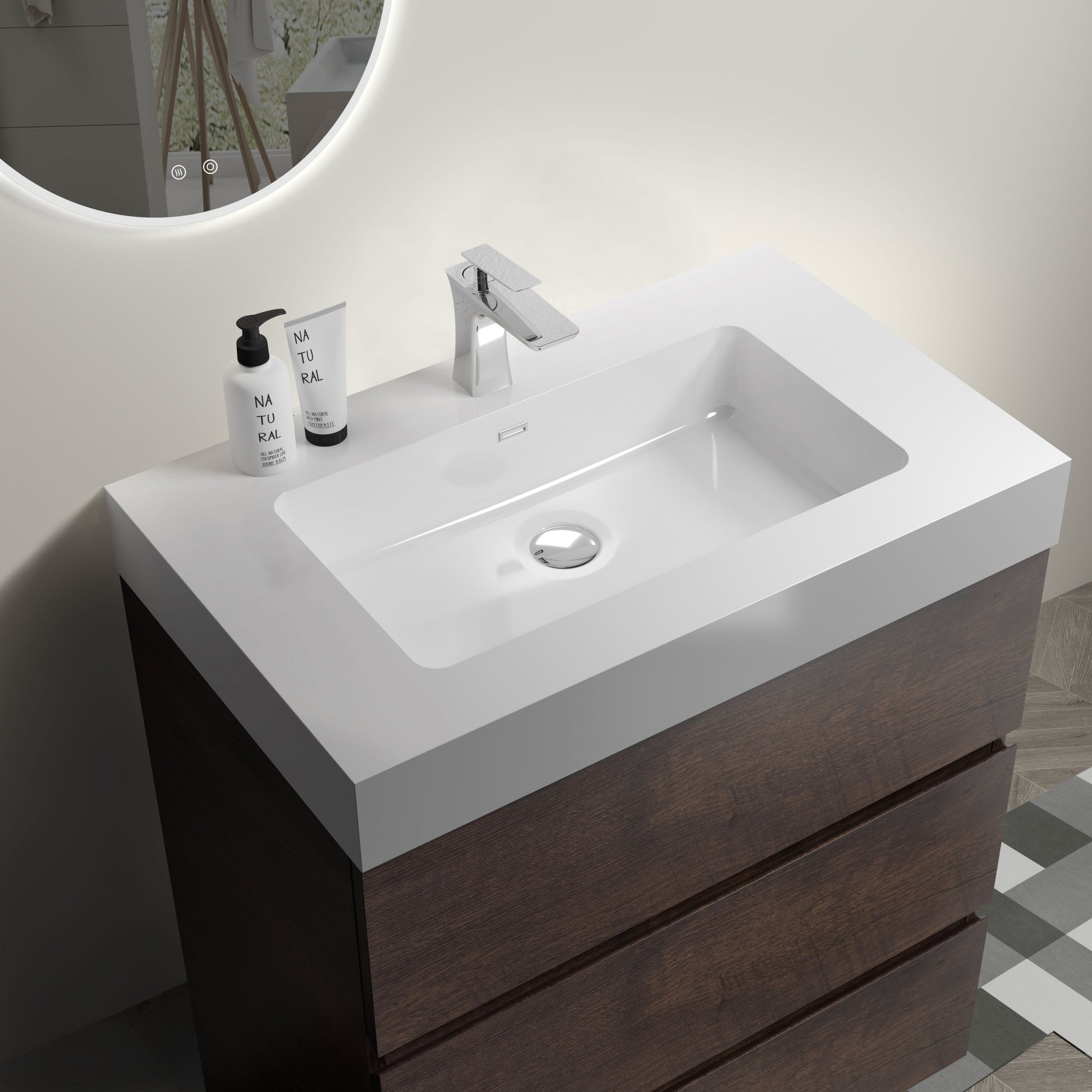 Alice 30" Walnut Bathroom Vanity with Sink, Large white+walnut-melamine