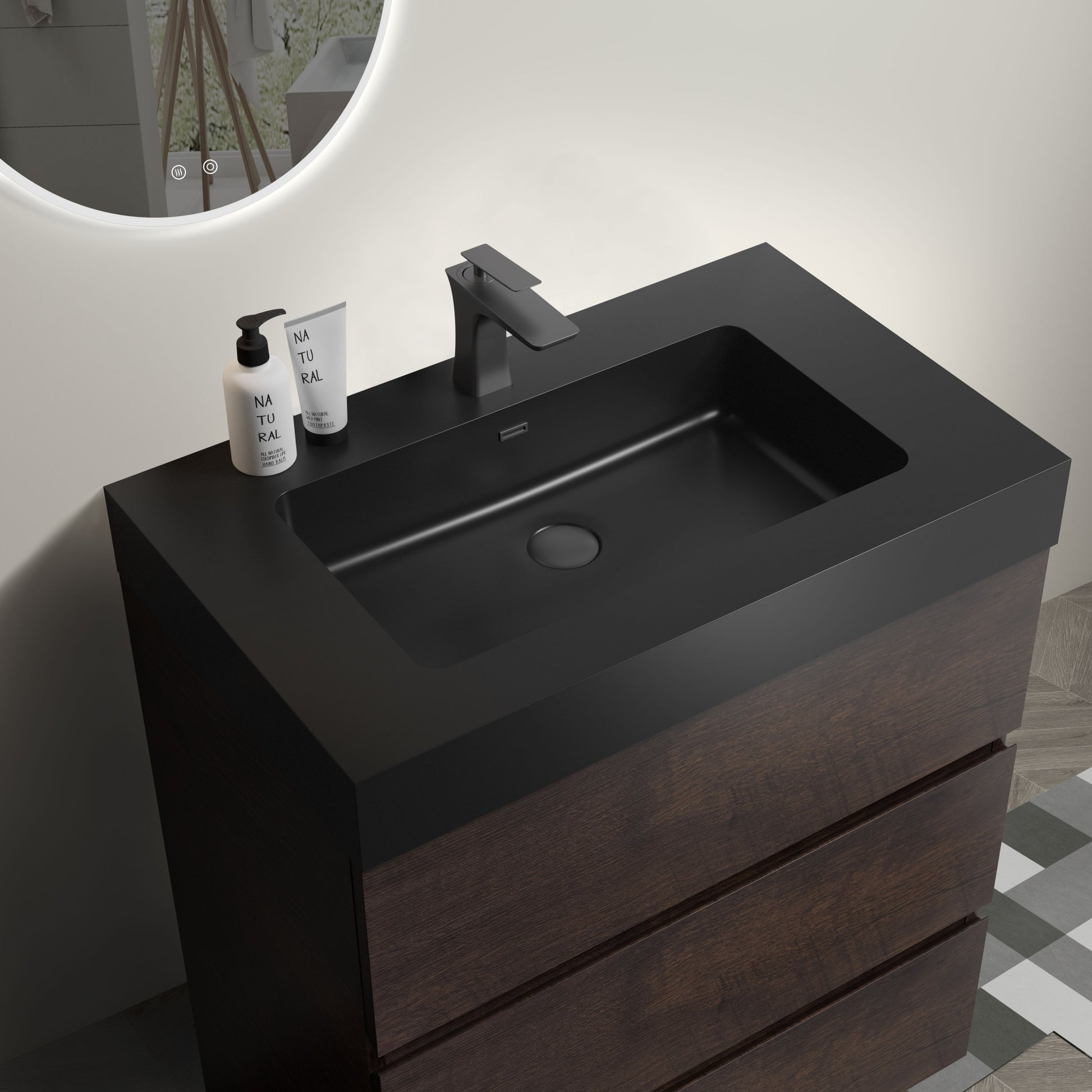 Alice 30" Walnut Bathroom Vanity with Sink, Large walnut+black-melamine