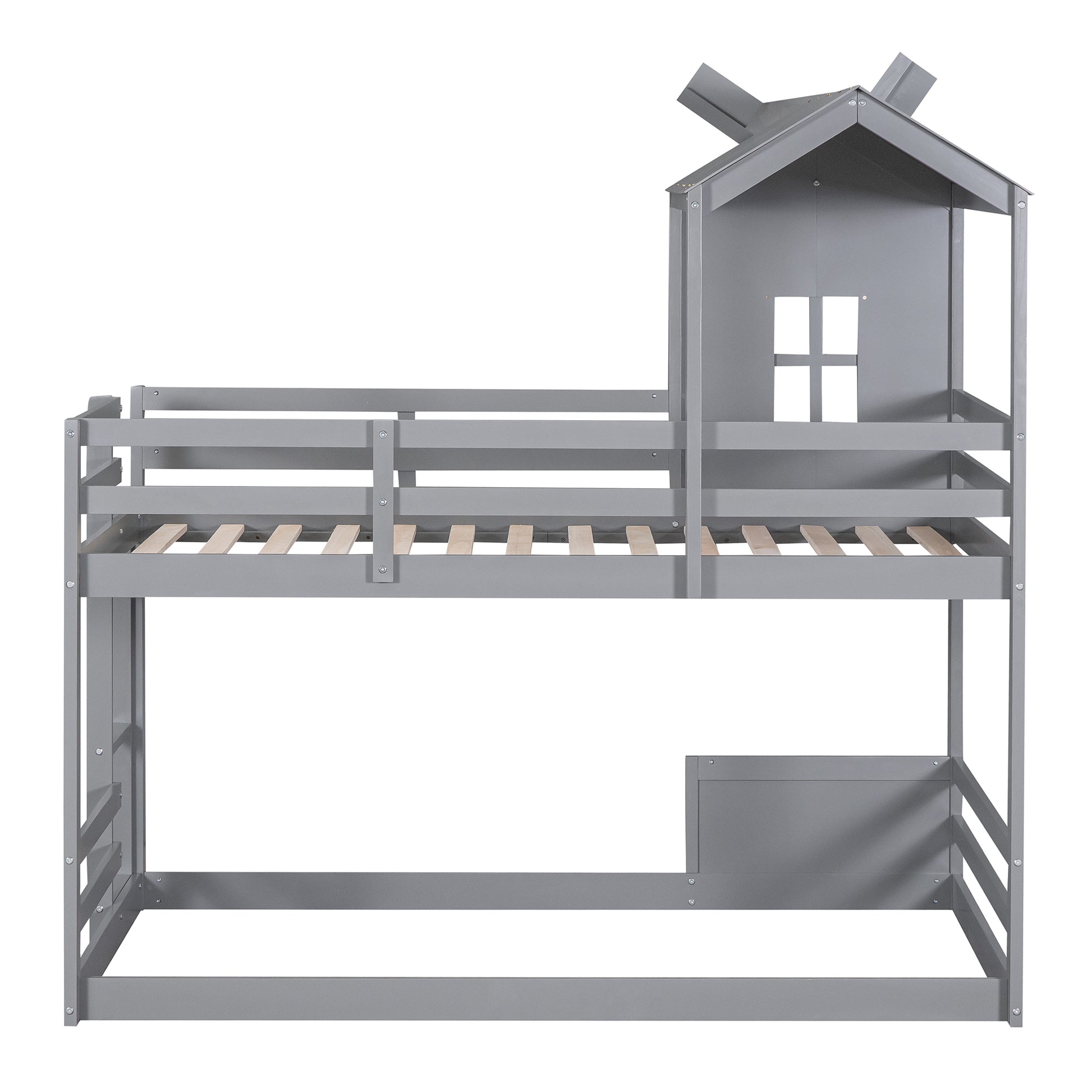 Twin over Twin Bunk Bed with Roof and Window, with gray-solid wood+mdf