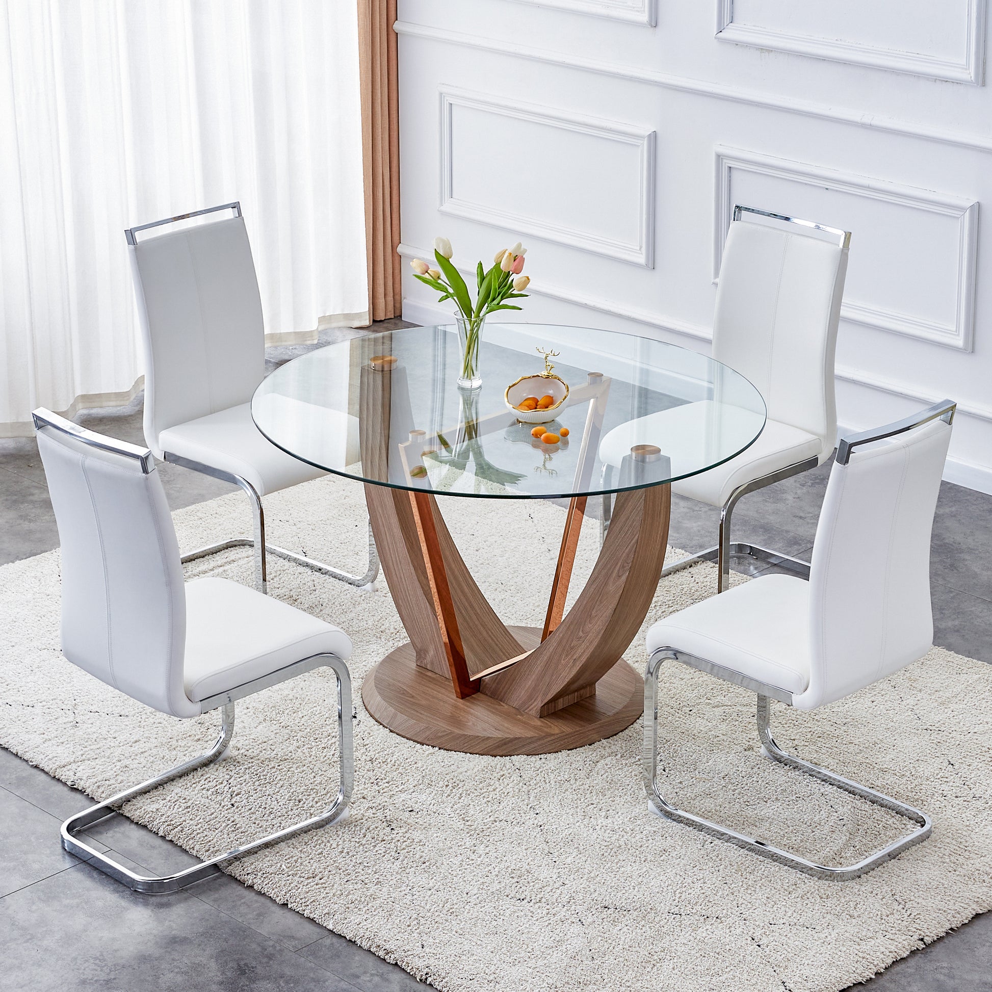 A modern minimalist circular tempered glass dining transparent-glass