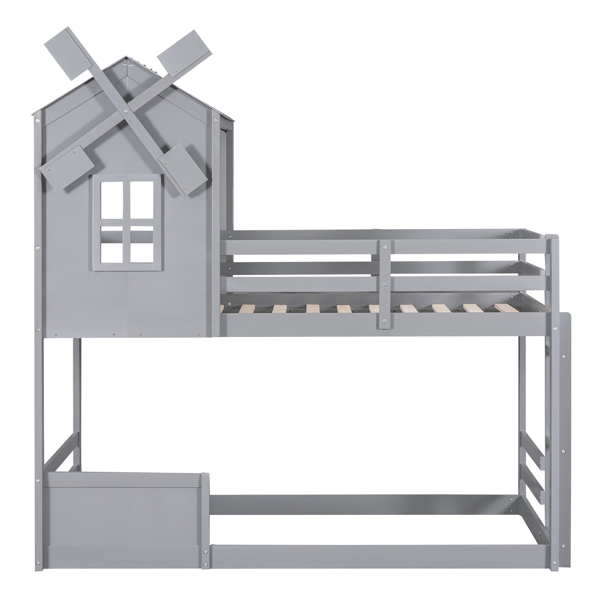 Twin over Twin Bunk Bed with Roof and Window, with gray-solid wood+mdf