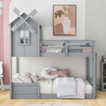 Twin over Twin Bunk Bed with Roof and Window, with gray-solid wood+mdf