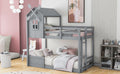 Twin over Twin Bunk Bed with Roof and Window, with gray-solid wood+mdf