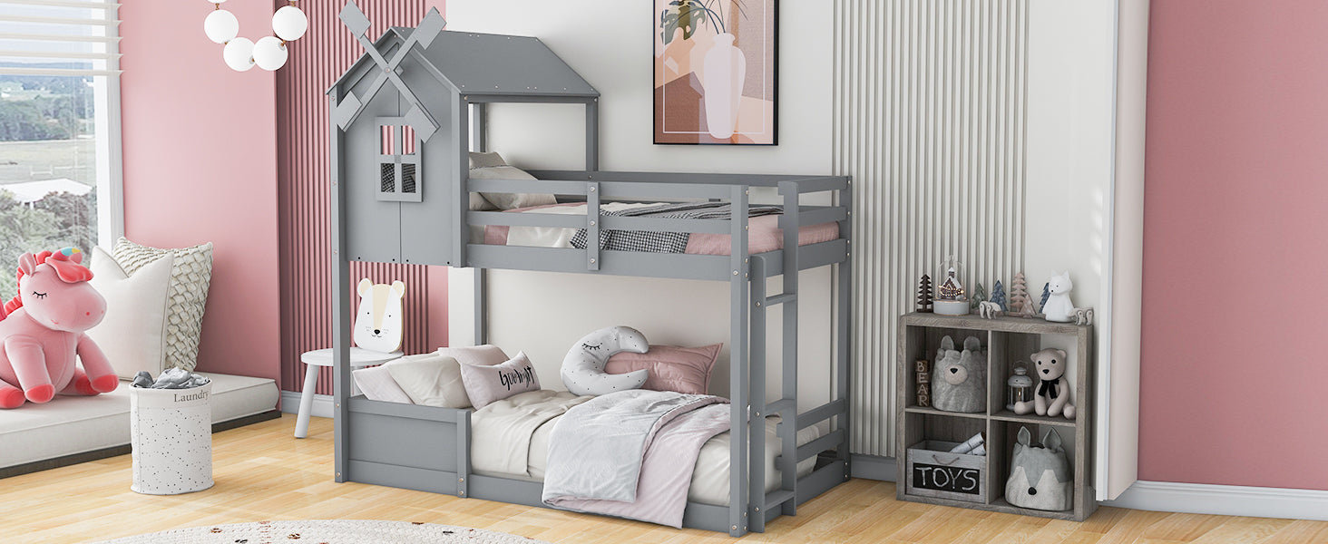 Twin over Twin Bunk Bed with Roof and Window, with gray-solid wood+mdf