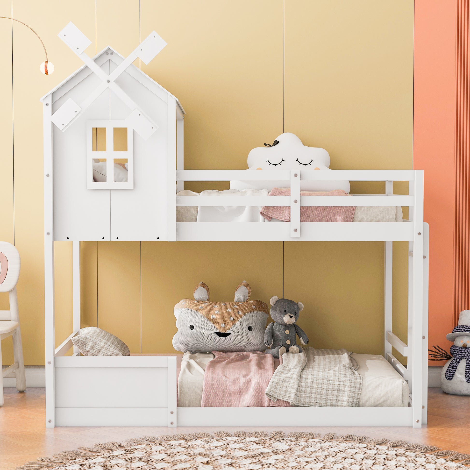 Twin over Twin Bunk Bed with Roof and Window, with white-solid wood+mdf