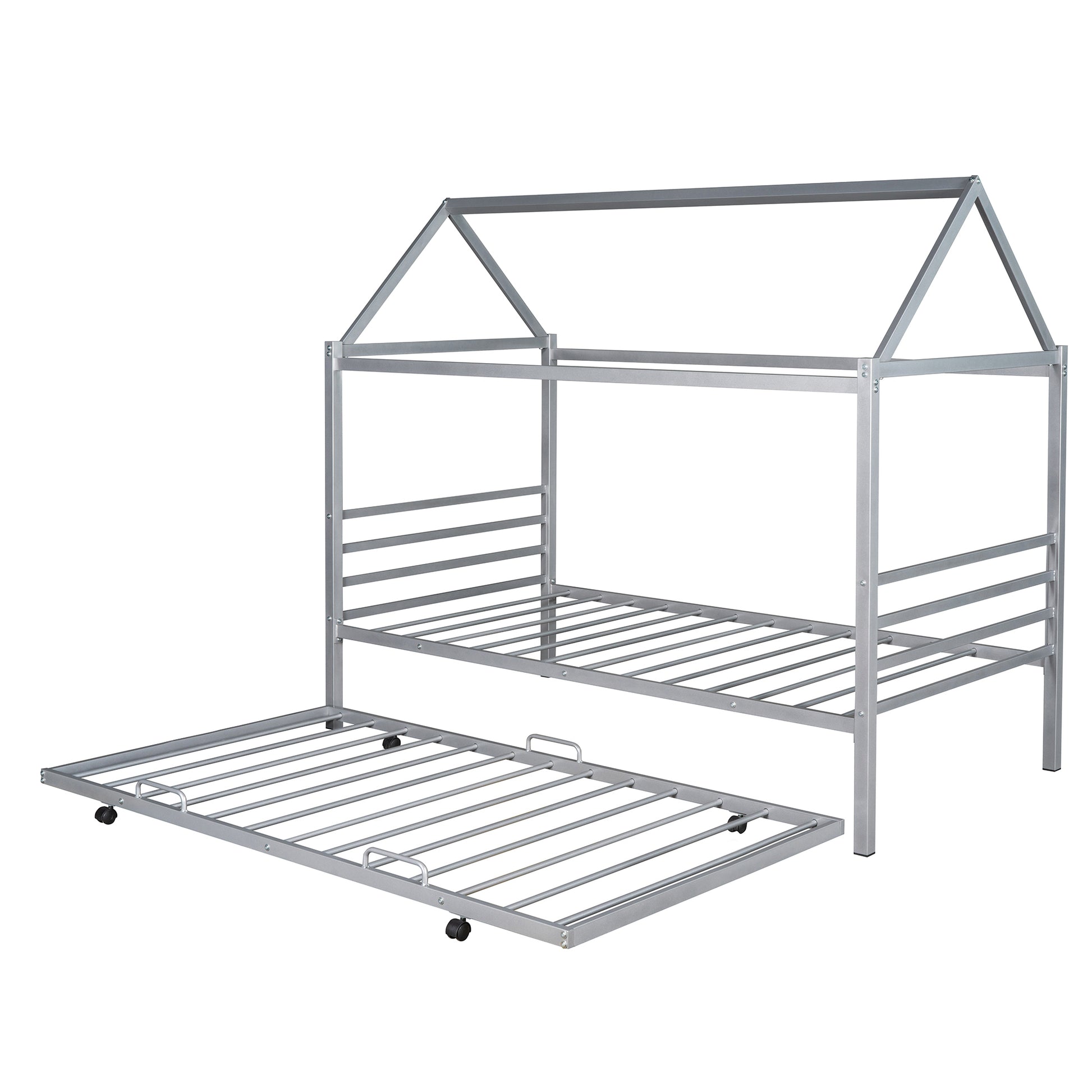 Twin Size Metal House Shape Platform Bed with twin-silver-metal-bedroom-bed frame-metal