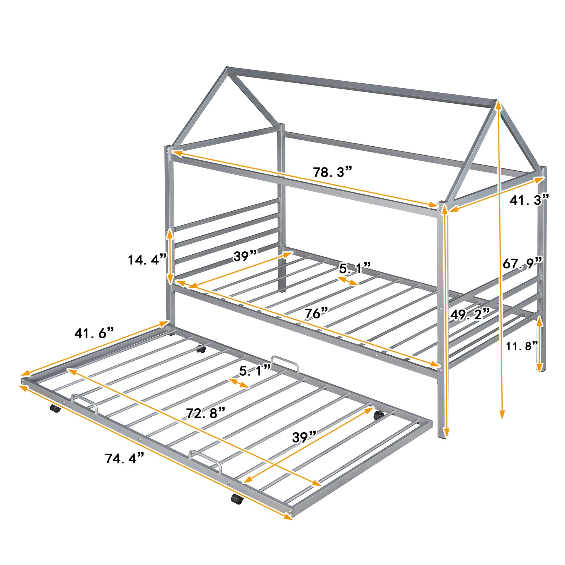 Twin Size Metal House Shape Platform Bed with twin-silver-metal-bedroom-bed frame-metal