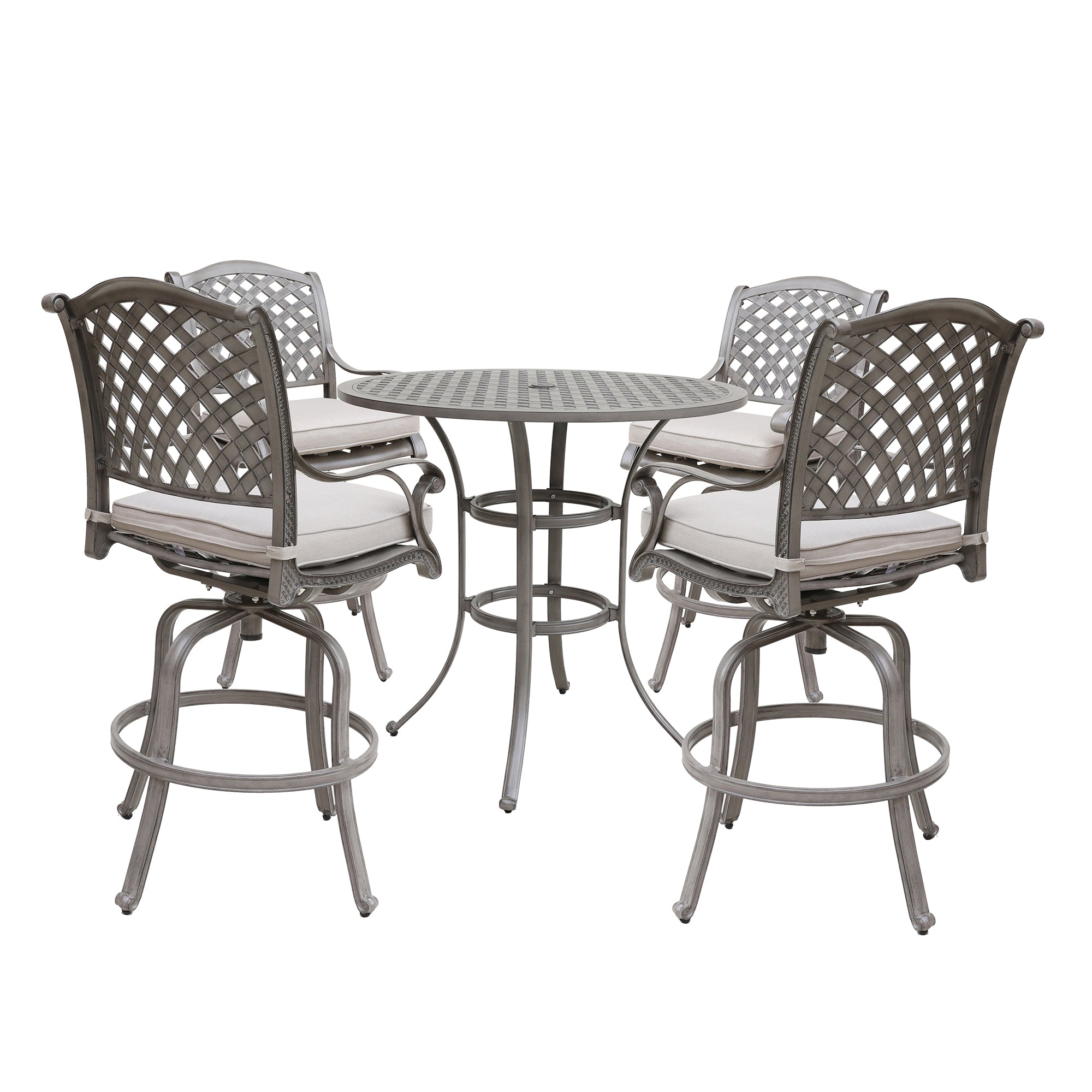 5 Piece Cast Aluminum Bar Set With Cushion - Grey