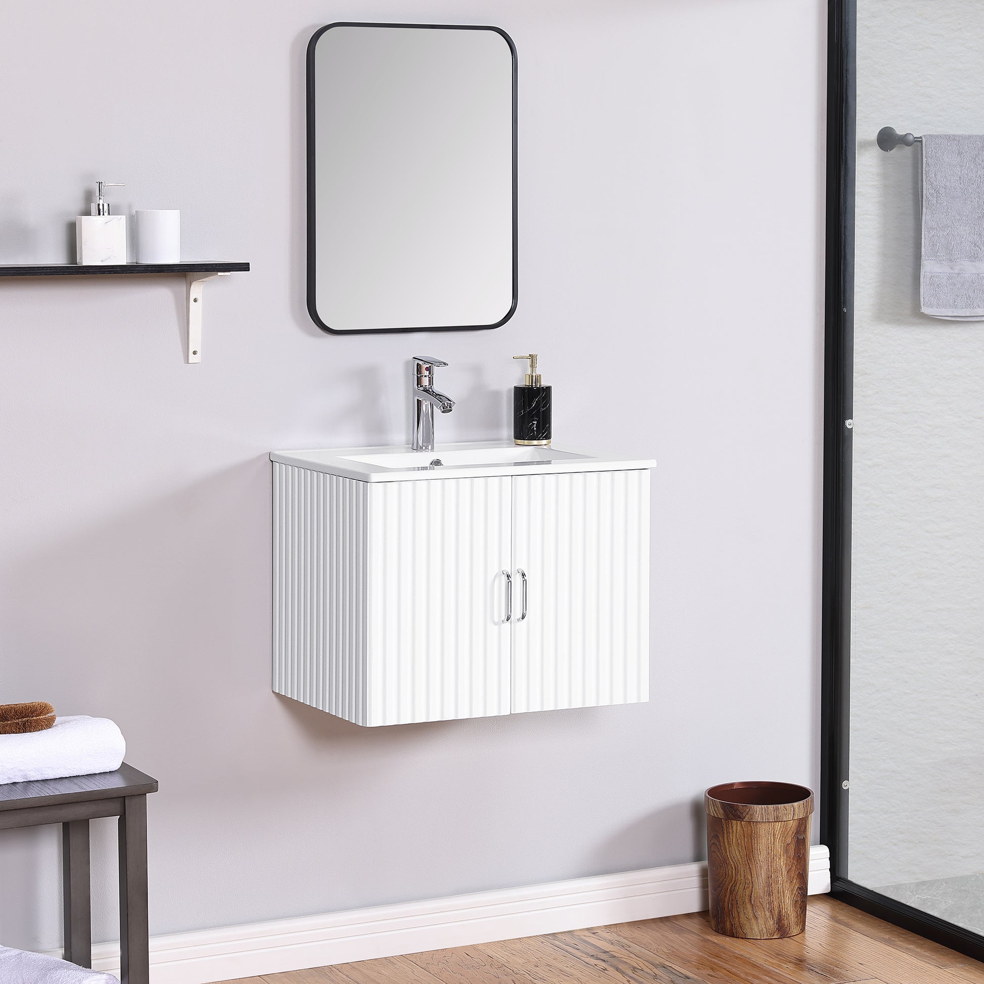 24" Floating Wall Mounted Bathroom Vanity with White white-ceramic+mdf