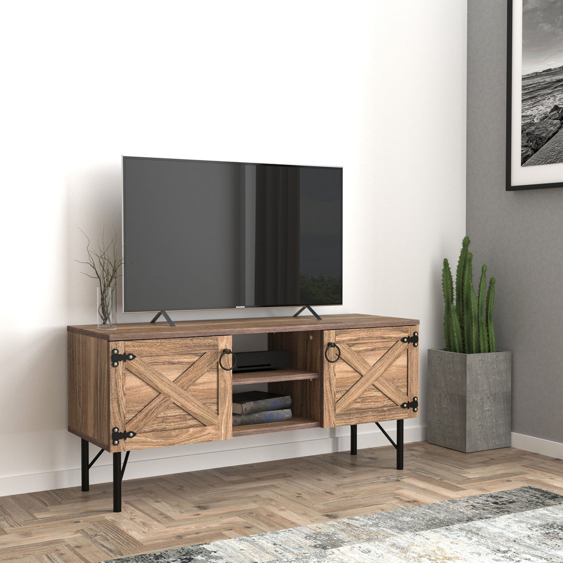 Loft Wood 2 Cupboards Vintage TV Stand walnut-80-89 inches-vintage-wood