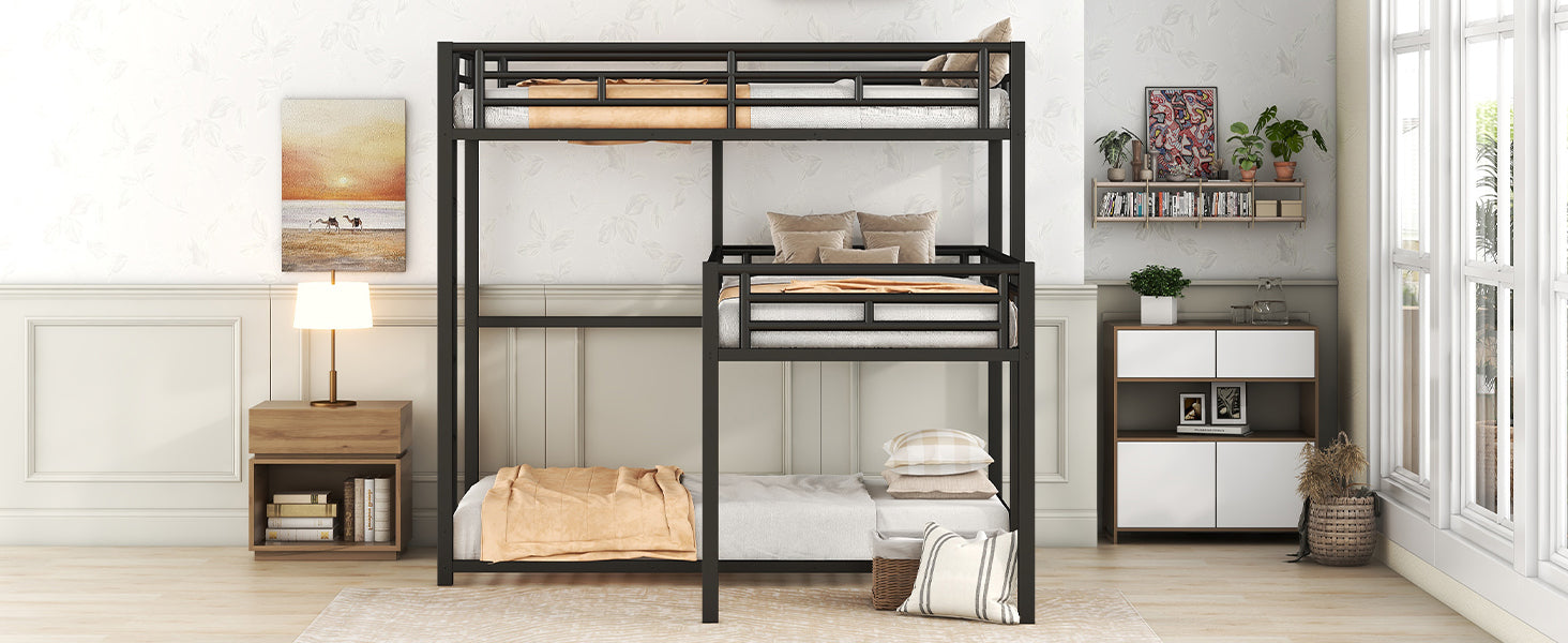 L Shaped Metal Triple Twin Size Bunk Bed, Black