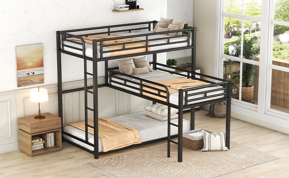 L Shaped Metal Triple Twin Size Bunk Bed, Black