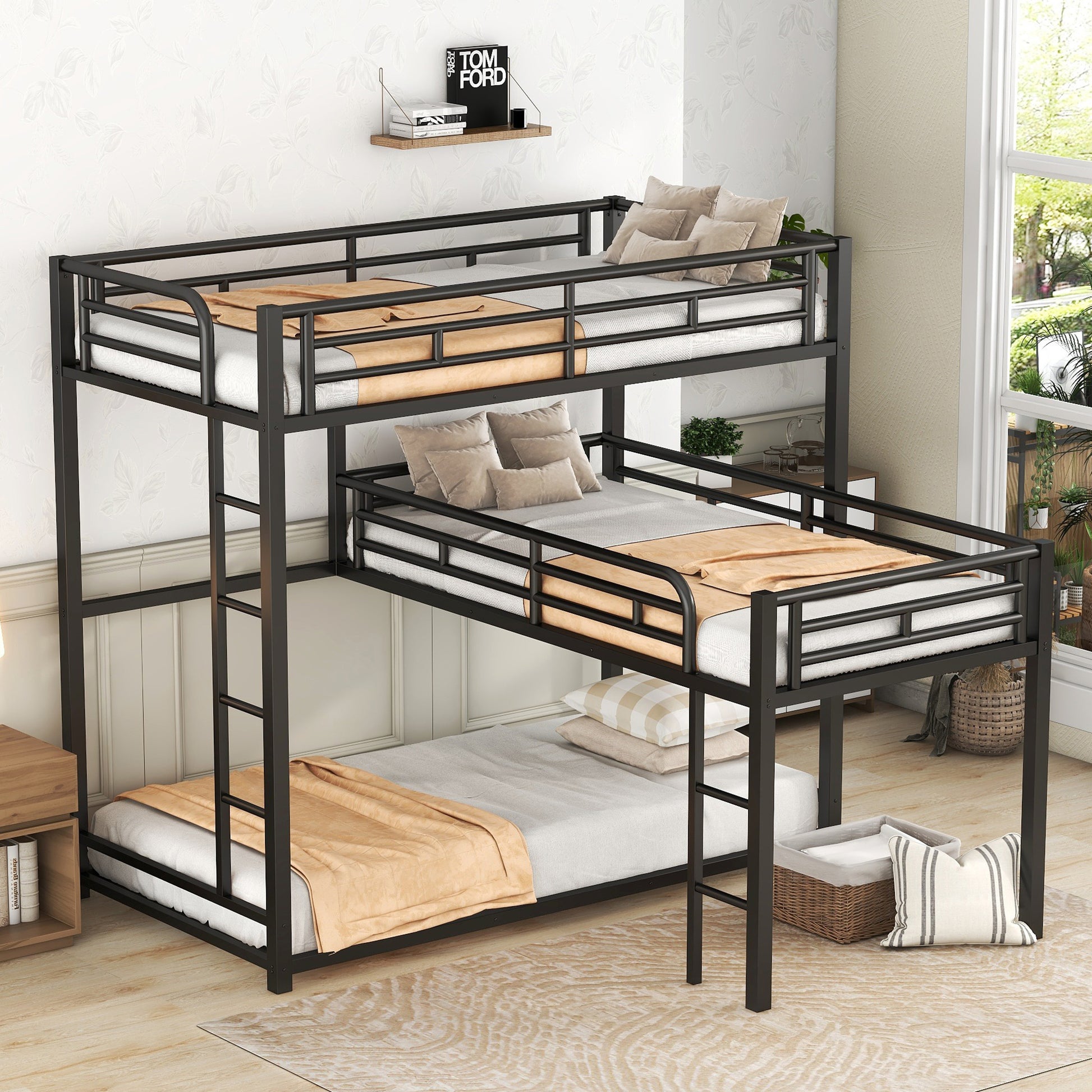 L Shaped Metal Triple Twin Size Bunk Bed, Black