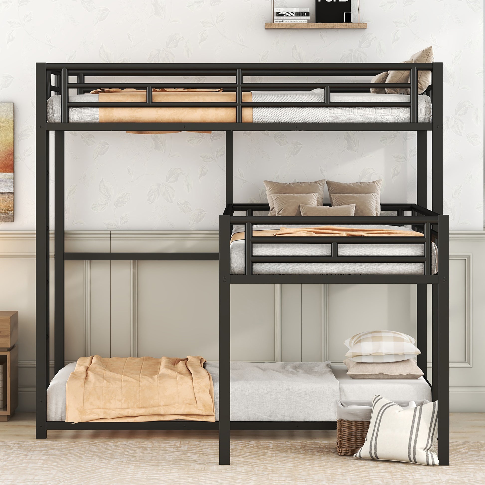 L Shaped Metal Triple Twin Size Bunk Bed, Black