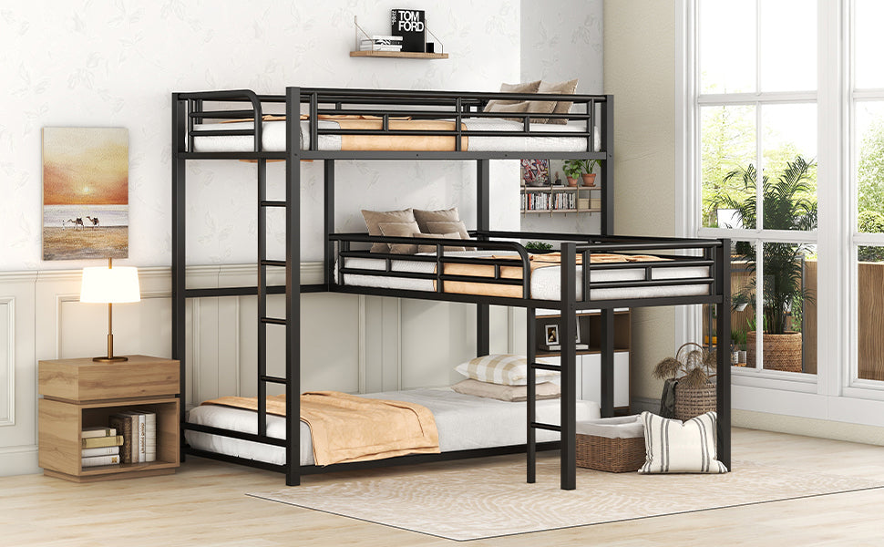 L Shaped Metal Triple Twin Size Bunk Bed, Black