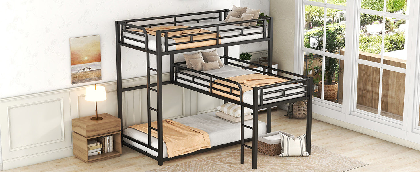 L Shaped Metal Triple Twin Size Bunk Bed, Black