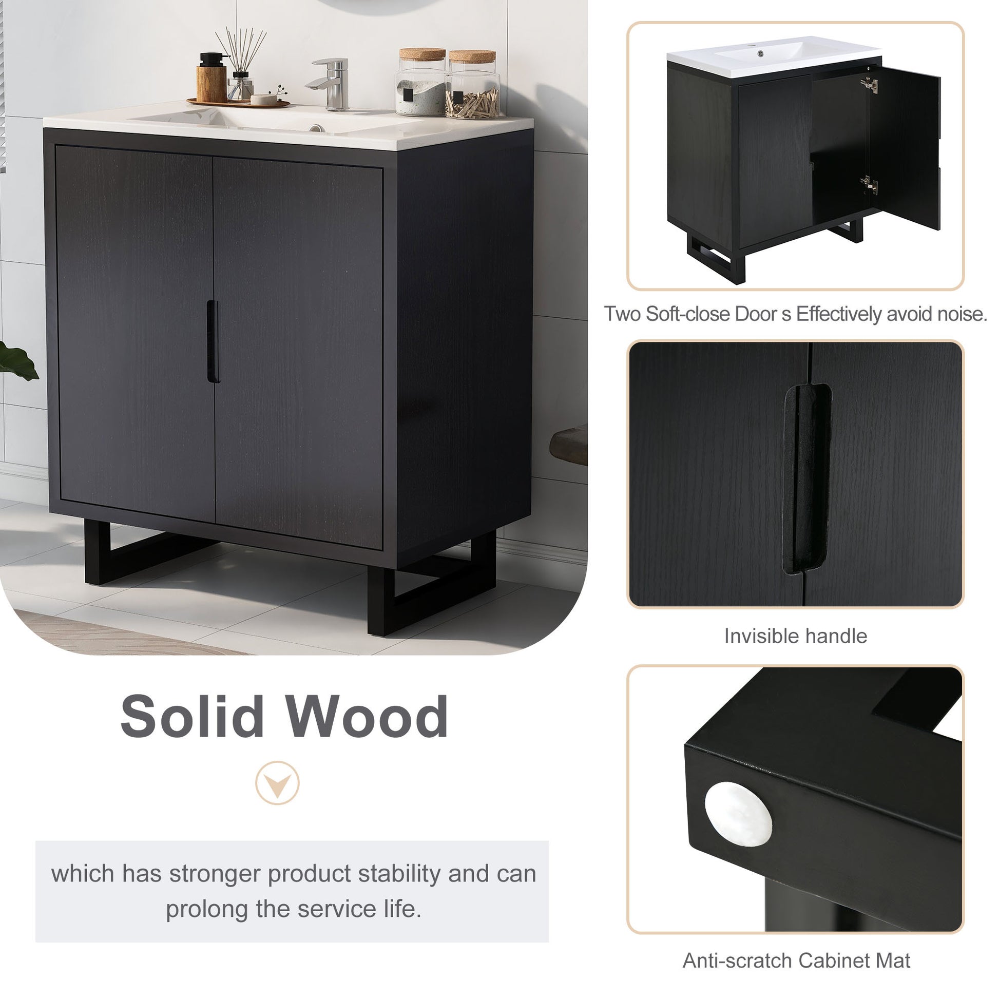 30" Bathroom vanity Set with Sink, Combo Cabinet black-bathroom-solid wood+mdf