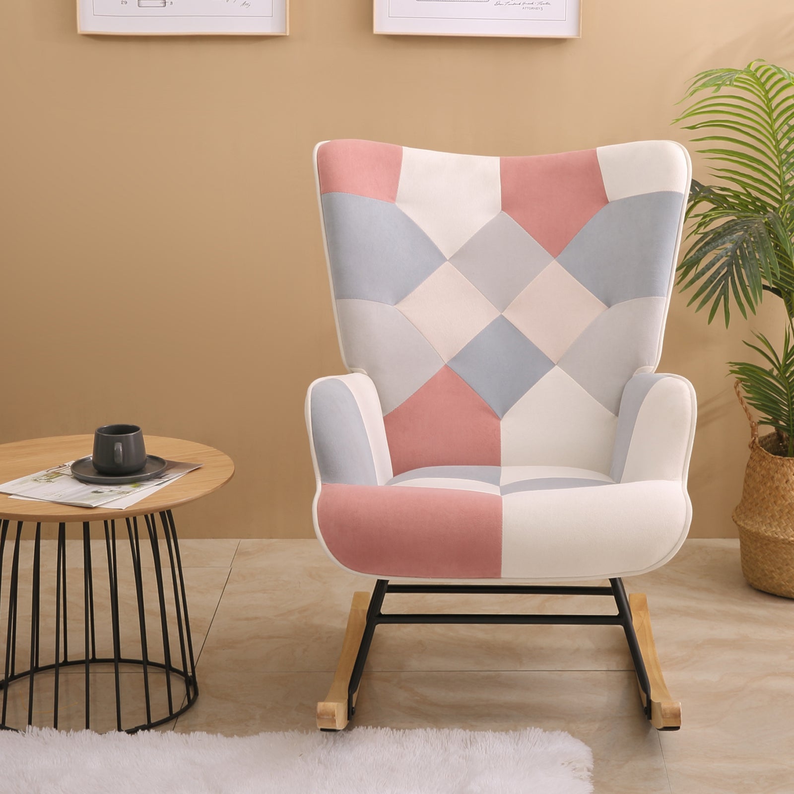 Accent Rocking Chair, Mid Century Fabric Rocker Chair pink-solid wood