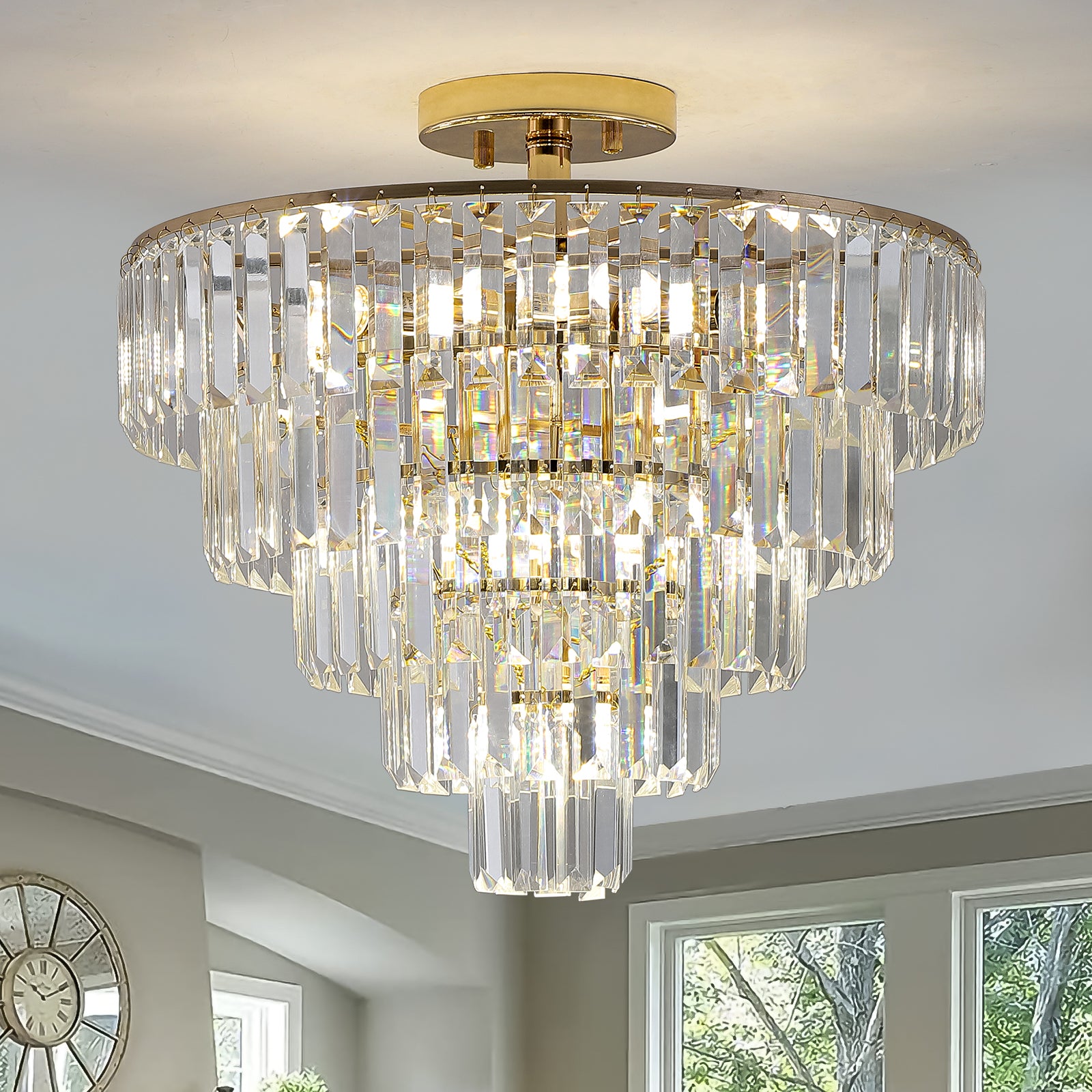 Gold Crystal Chandeliers,5 Tier Round Semi Flush Mount gold-crystal-iron