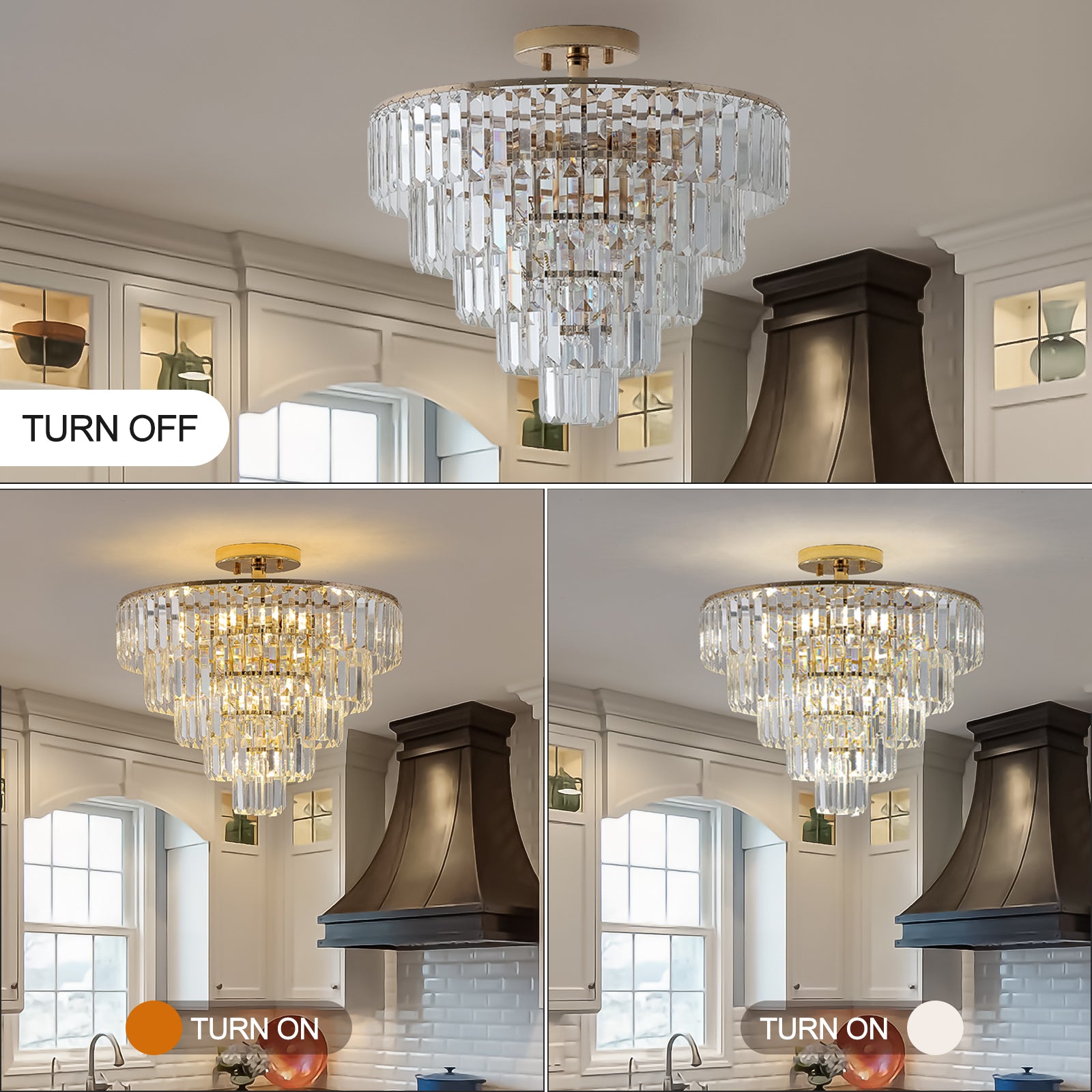 Gold Crystal Chandeliers,5 Tier Round Semi Flush Mount gold-crystal-iron