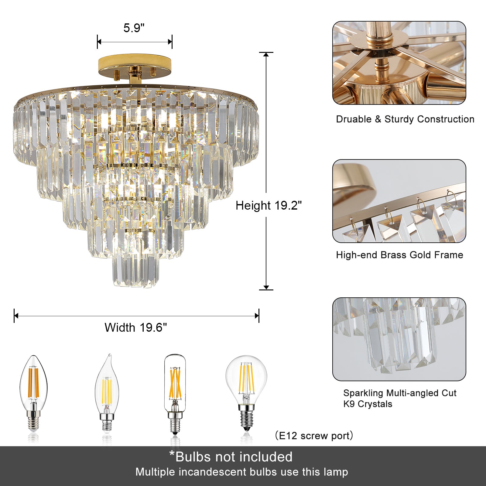 Gold Crystal Chandeliers,5 Tier Round Semi Flush Mount gold-crystal-iron