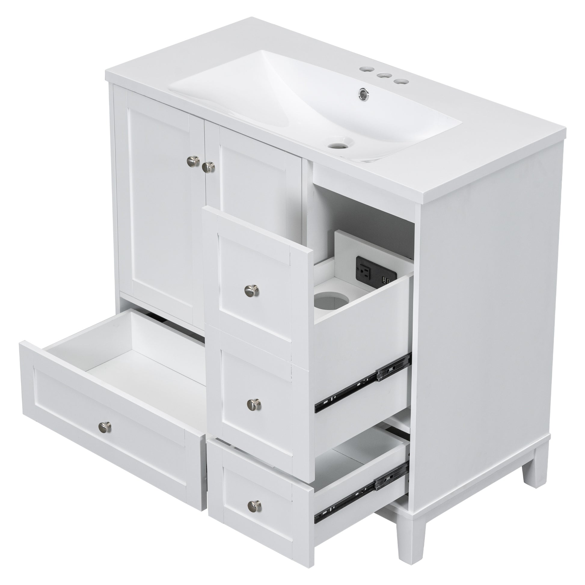 36 Inch Modern Bathroom Vanity with USB Charging, Two white-solid wood+mdf+resin