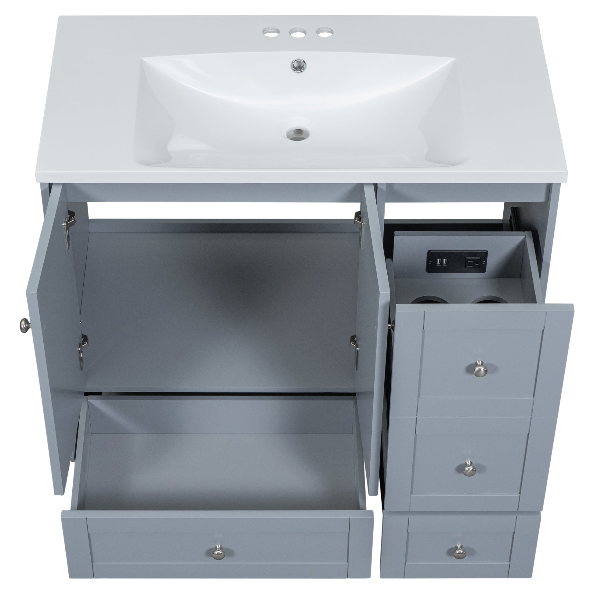 36 Inch Modern Bathroom Vanity with USB Charging, Two grey-solid wood+mdf+resin