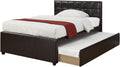 Twin Size Bed w Trundle Slats Espresso Faux Leather