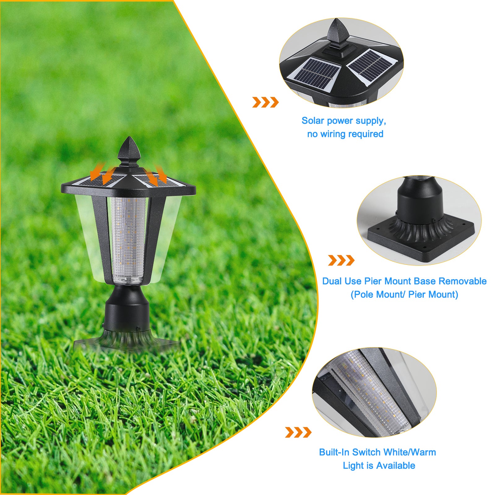 Solar Column Headlights With Dimmable LED black-pc-aluminium