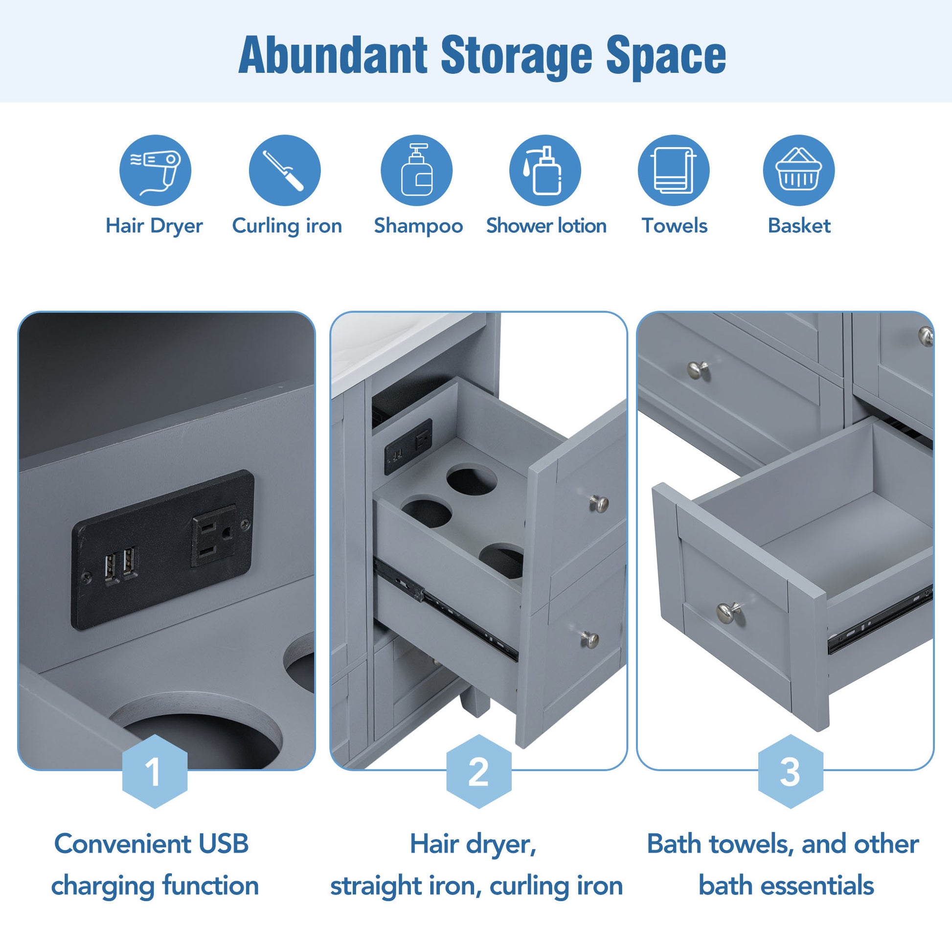 36 Inch Modern Bathroom Vanity with USB Charging, Two grey-solid wood+mdf+resin