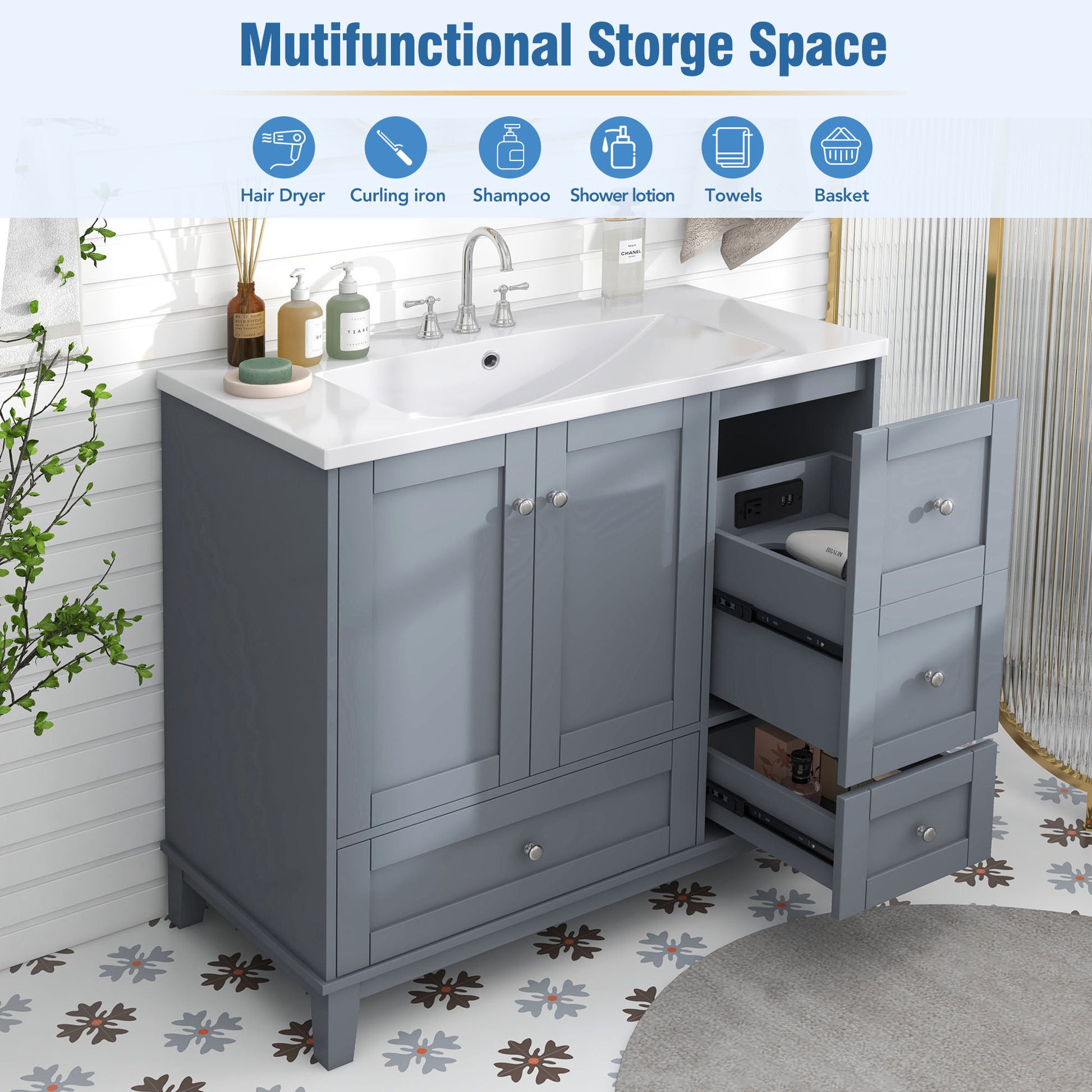 36 Inch Modern Bathroom Vanity with USB Charging, Two grey-solid wood+mdf+resin