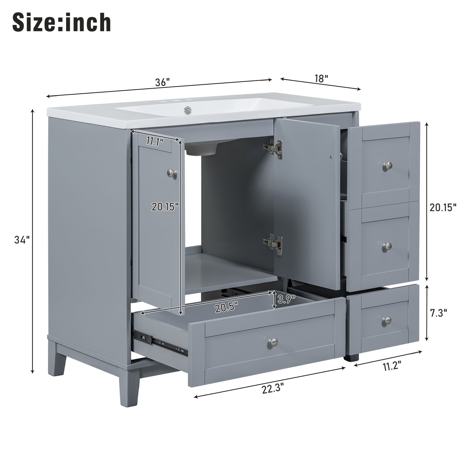 36 Inch Modern Bathroom Vanity with USB Charging, Two grey-solid wood+mdf+resin