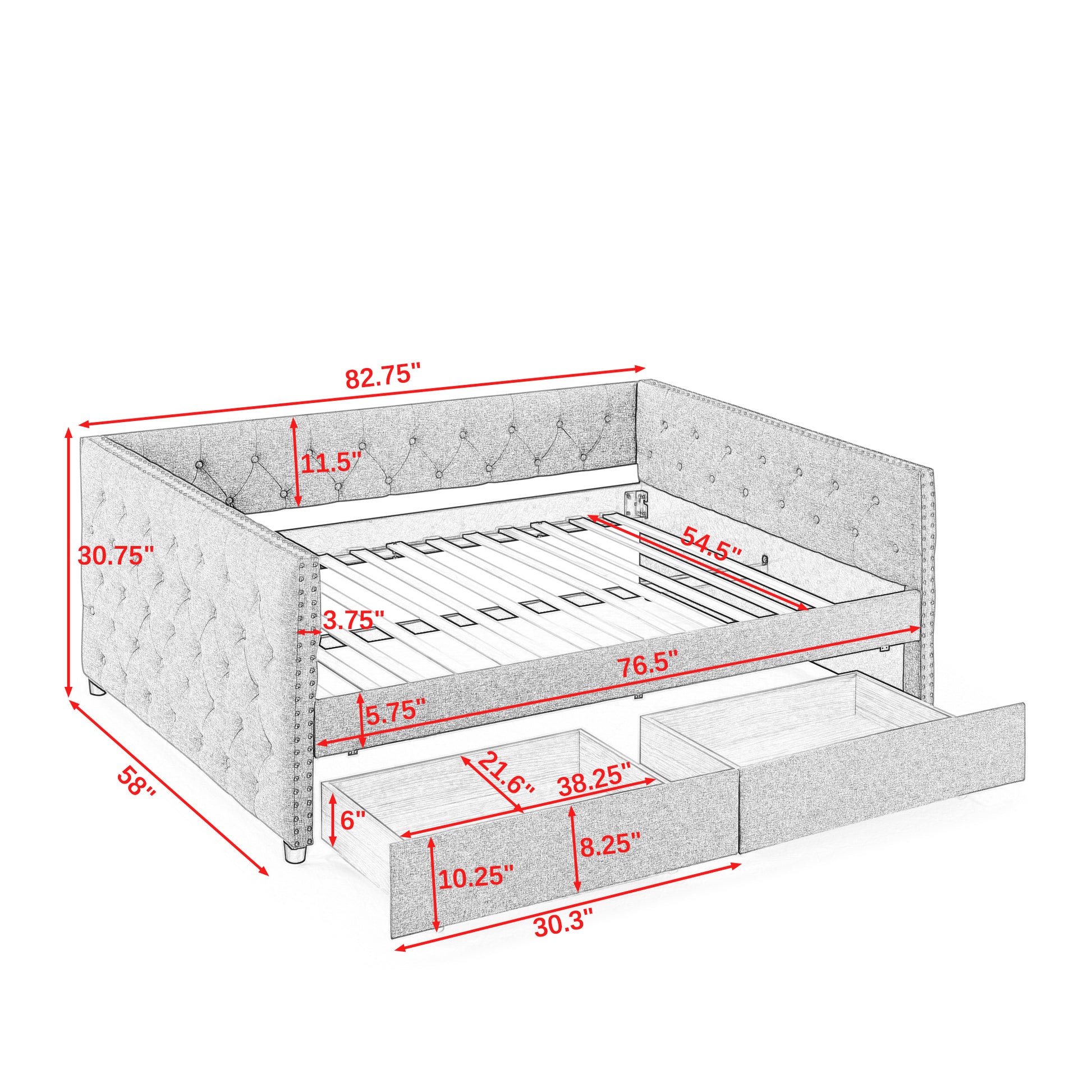 Upholstered Full Size Daybed With Two Drawers,