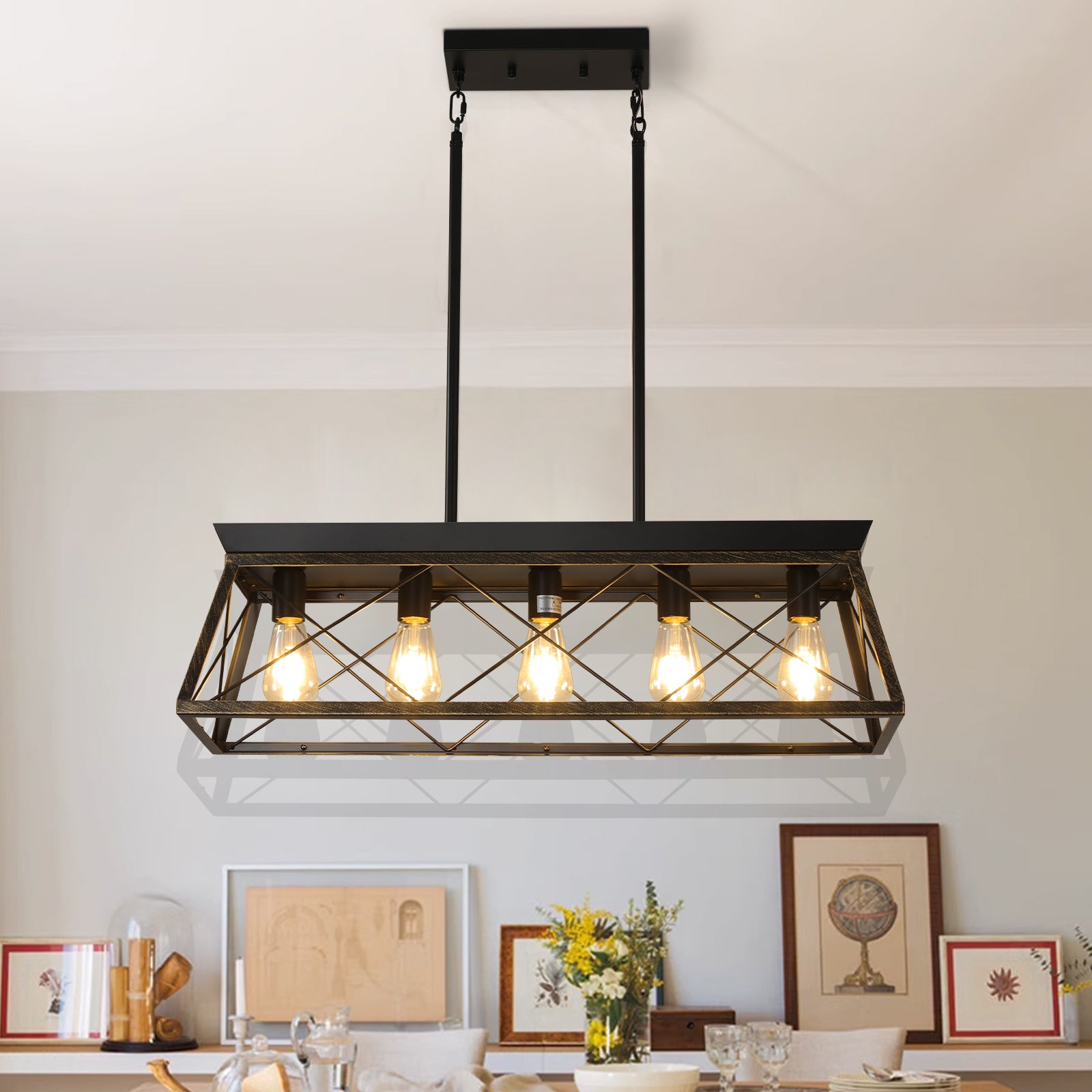 5 Light Farmhouse Chandeliers for Dining Room, Metal golden black-ceiling lights-farmhouse-iron