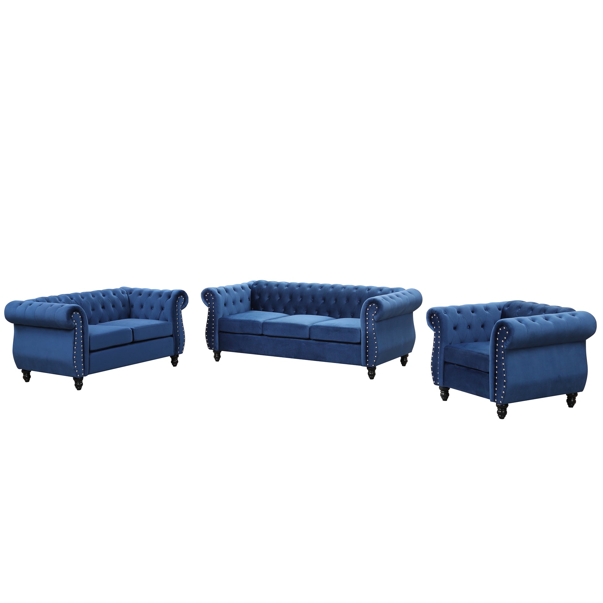 Modern three piece sofa set with solid wood legs blue-foam-polyester