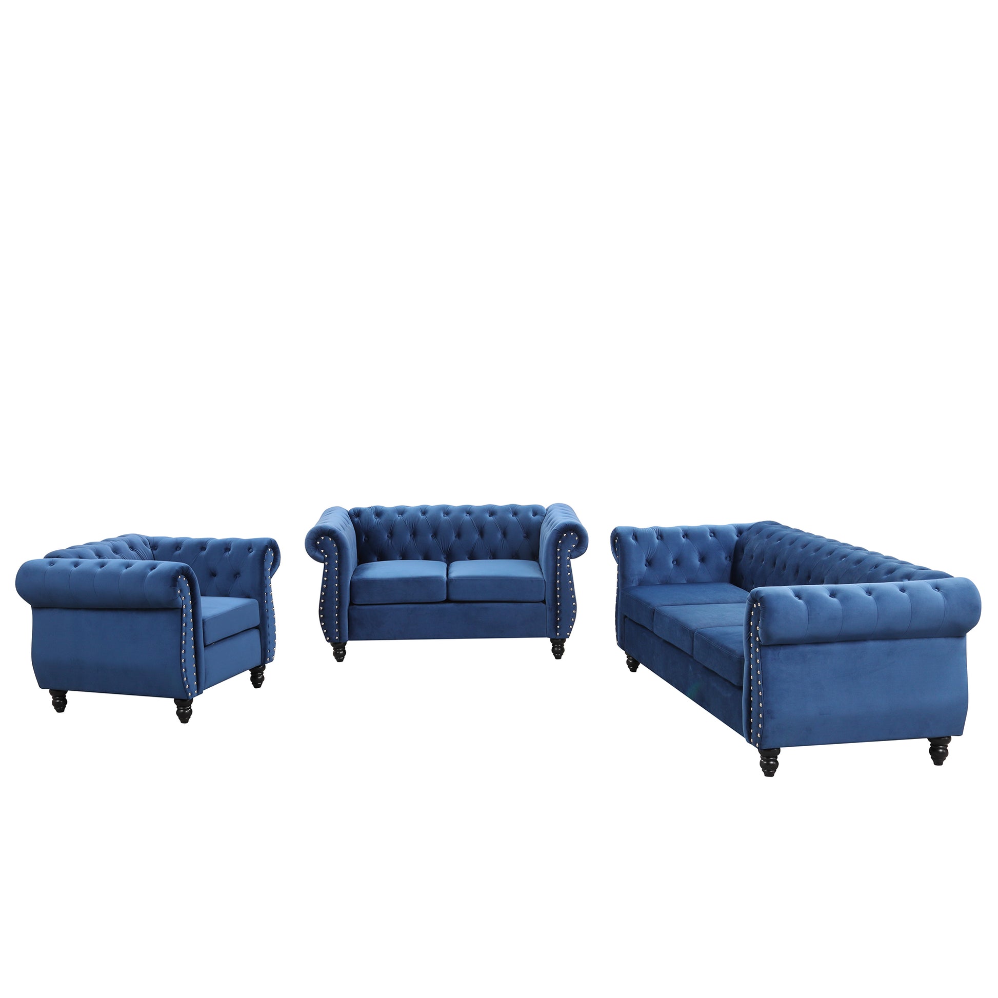 Modern three piece sofa set with solid wood legs blue-foam-polyester