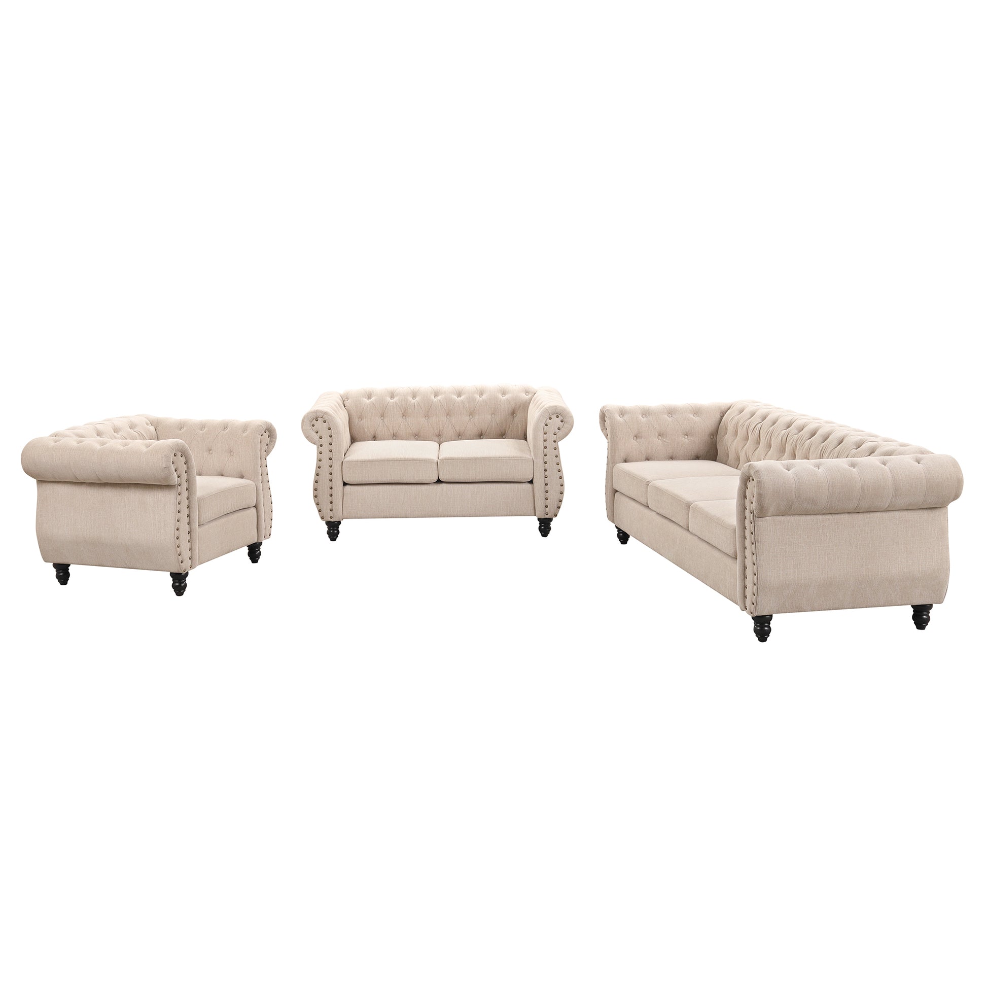 Modern three piece sofa set with solid wood legs beige-foam-polyester