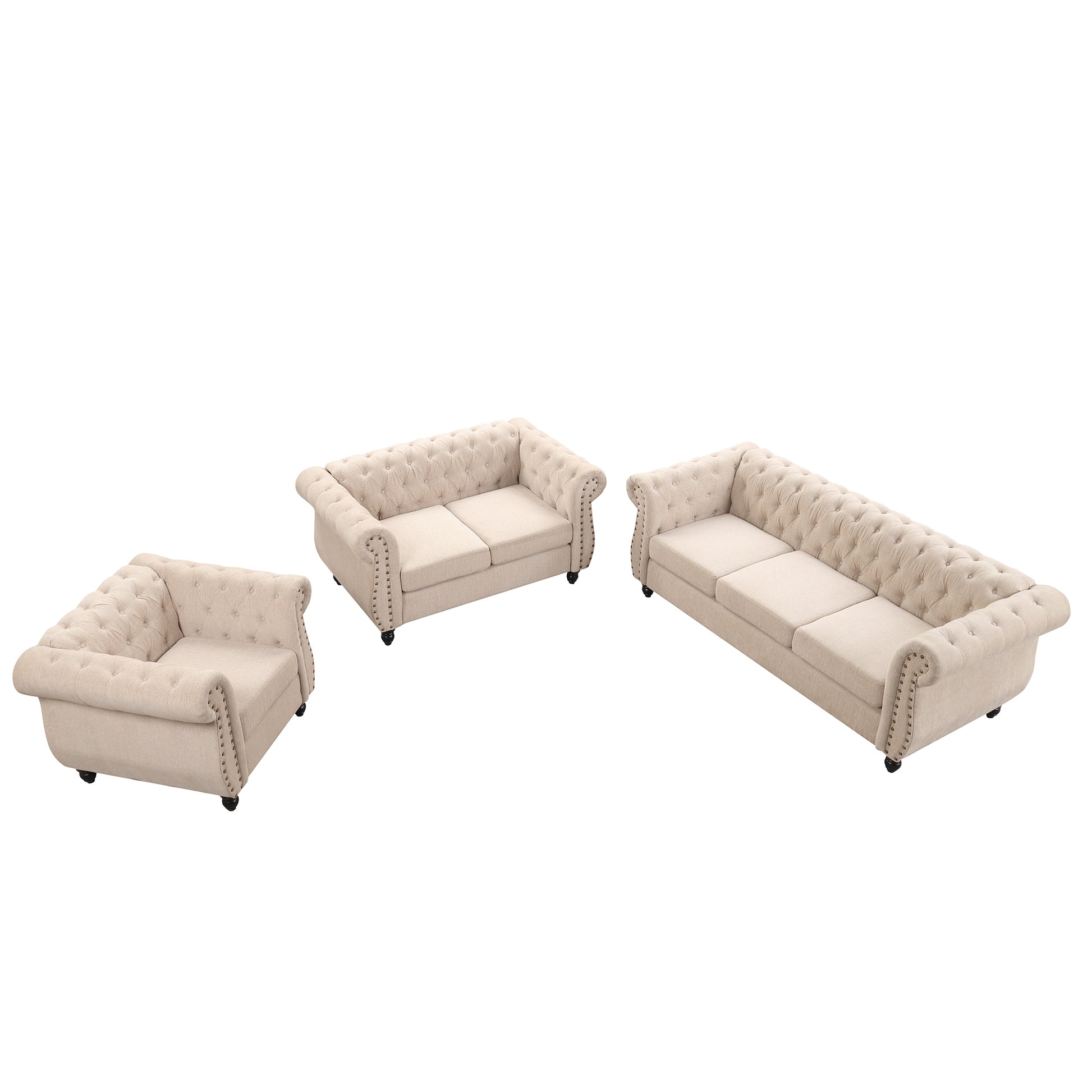 Modern three piece sofa set with solid wood legs beige-foam-polyester