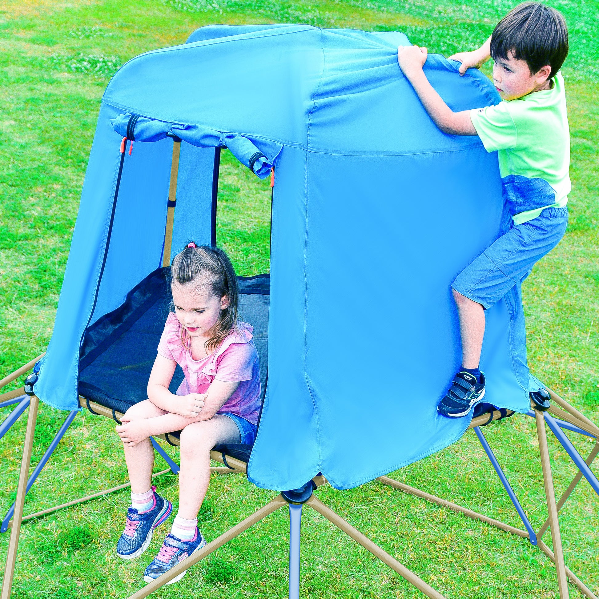 Kids Climbing Dome with Canopy and Playmat 10 ft blue-metal-outdoor