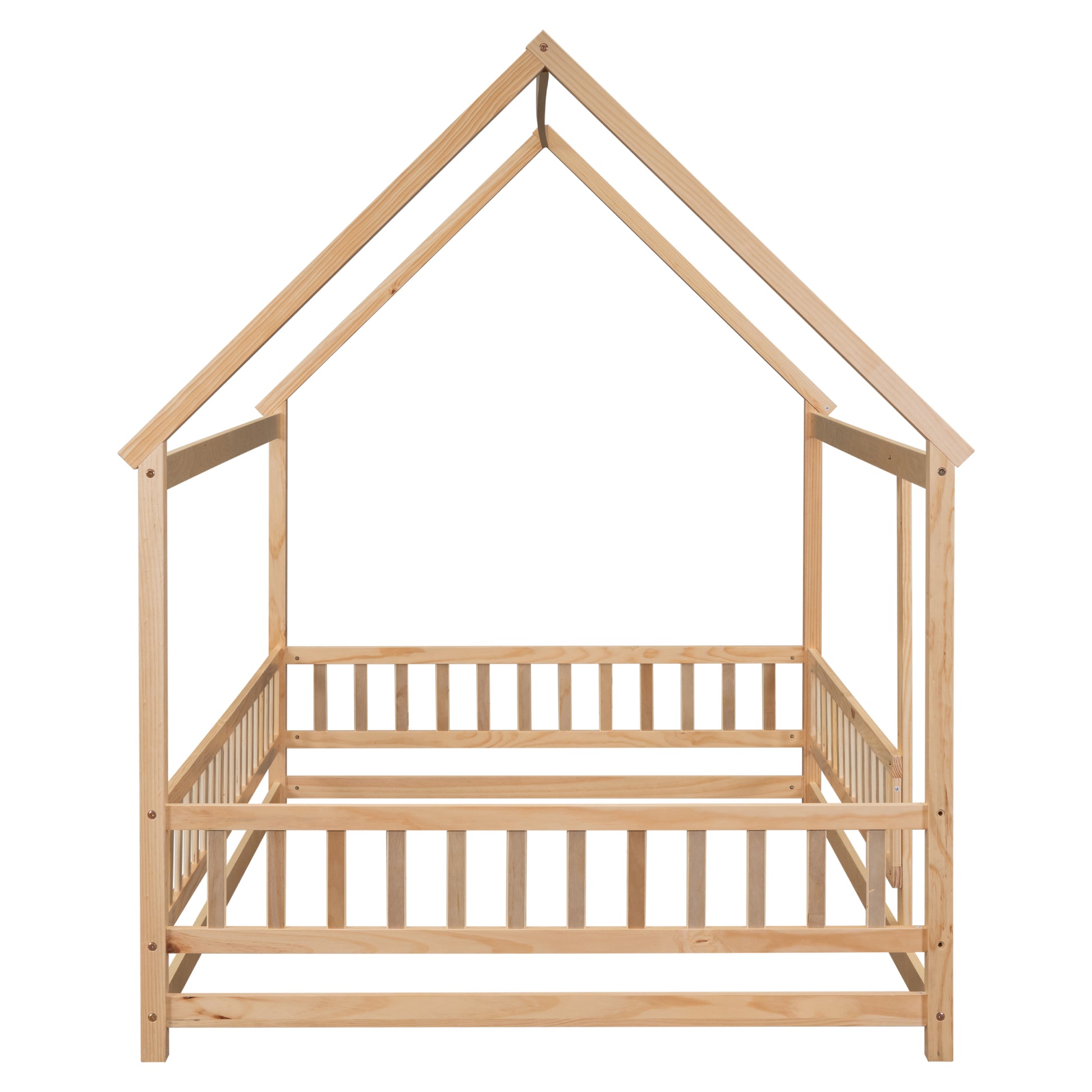 Full Size Floor Wooden Bed With House Roof Frame