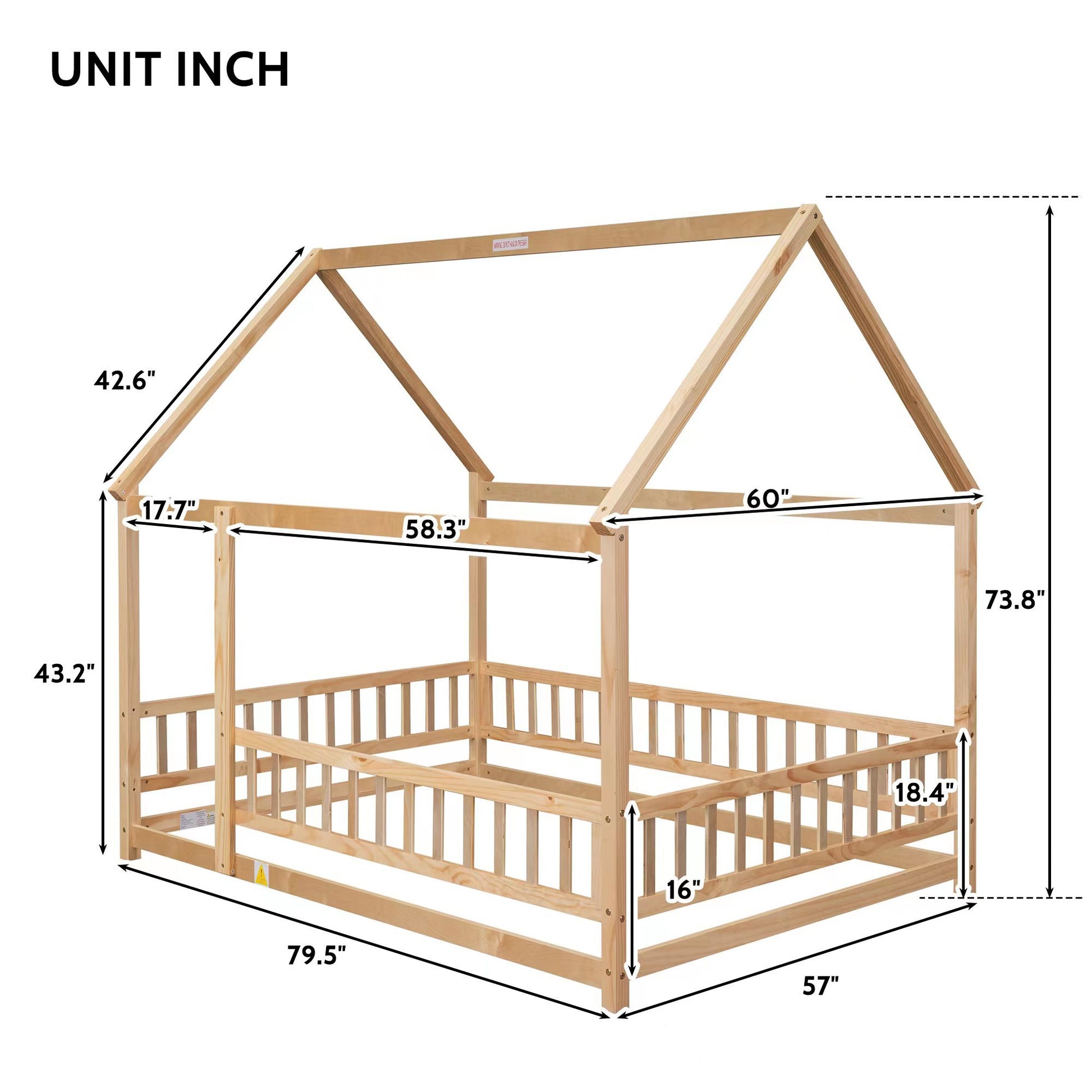 Full Size Floor Wooden Bed With House Roof Frame