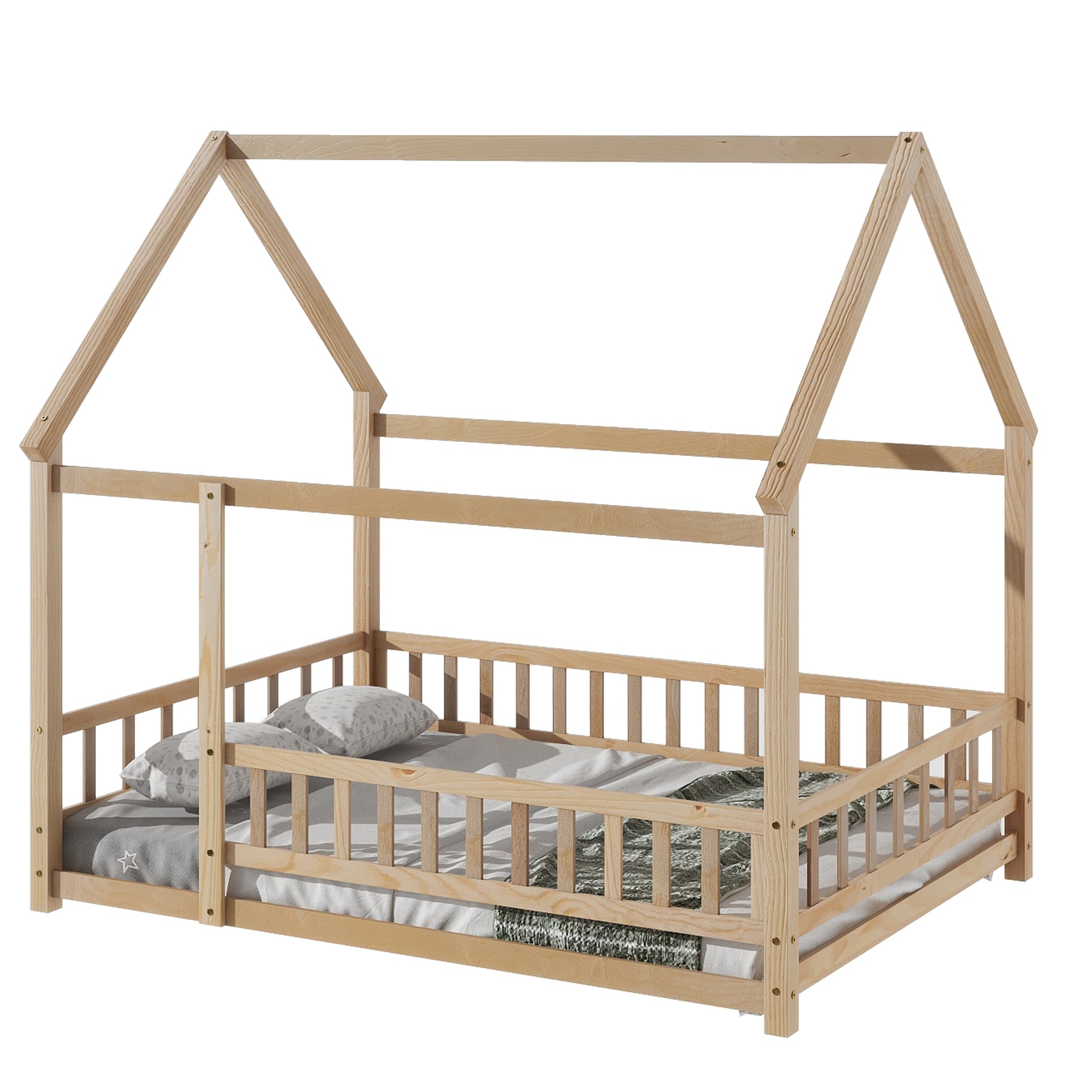 Full Size Floor Wooden Bed With House Roof Frame