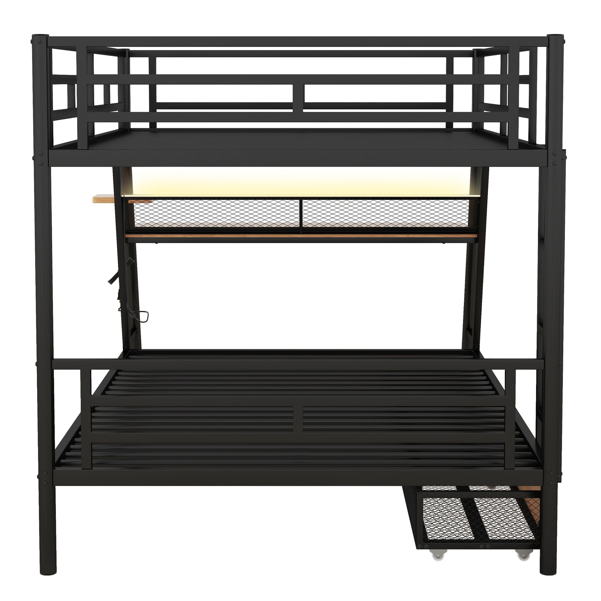 Full Size Metal Bunk Bed With Built In Desk,