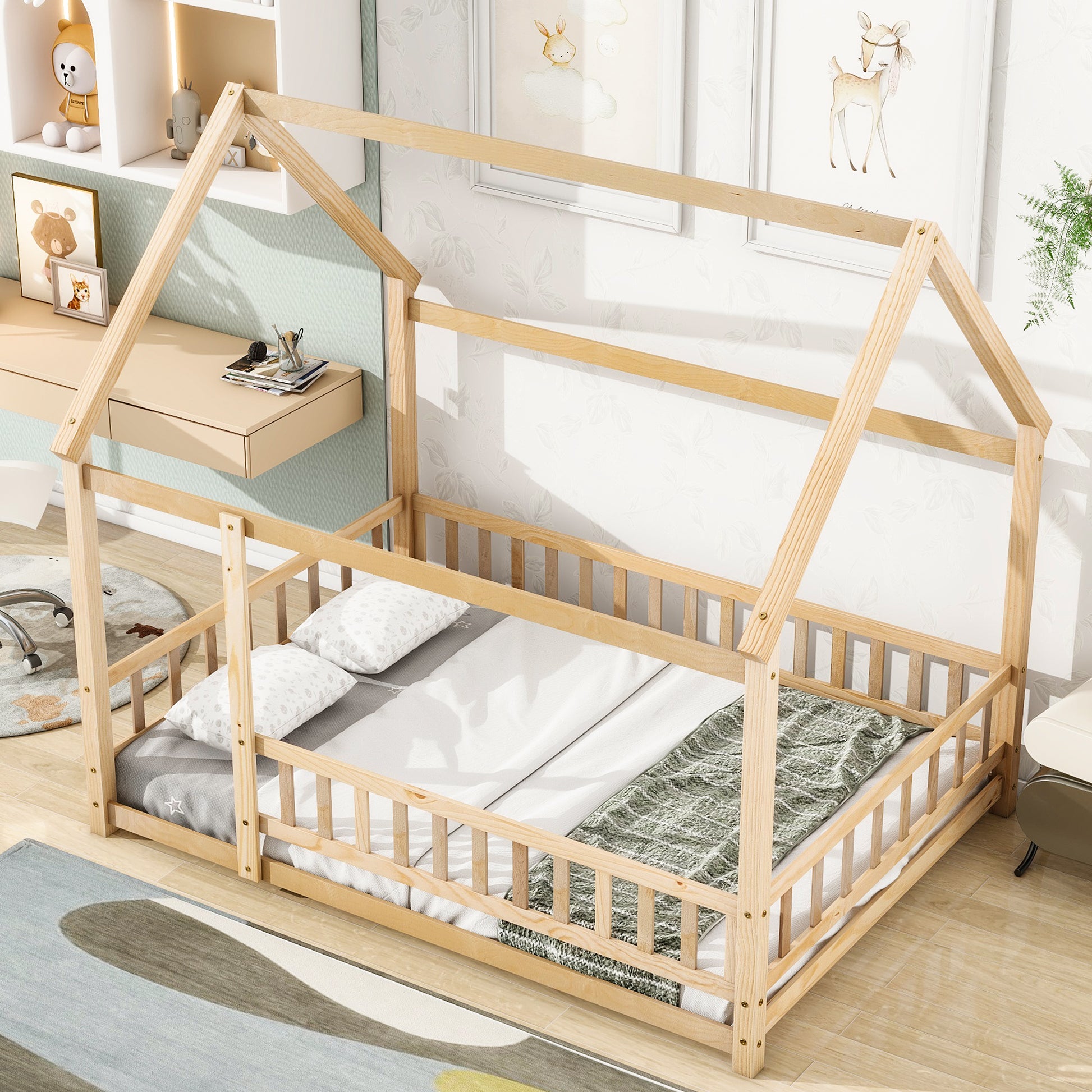 Full Size Floor Wooden Bed With House Roof Frame