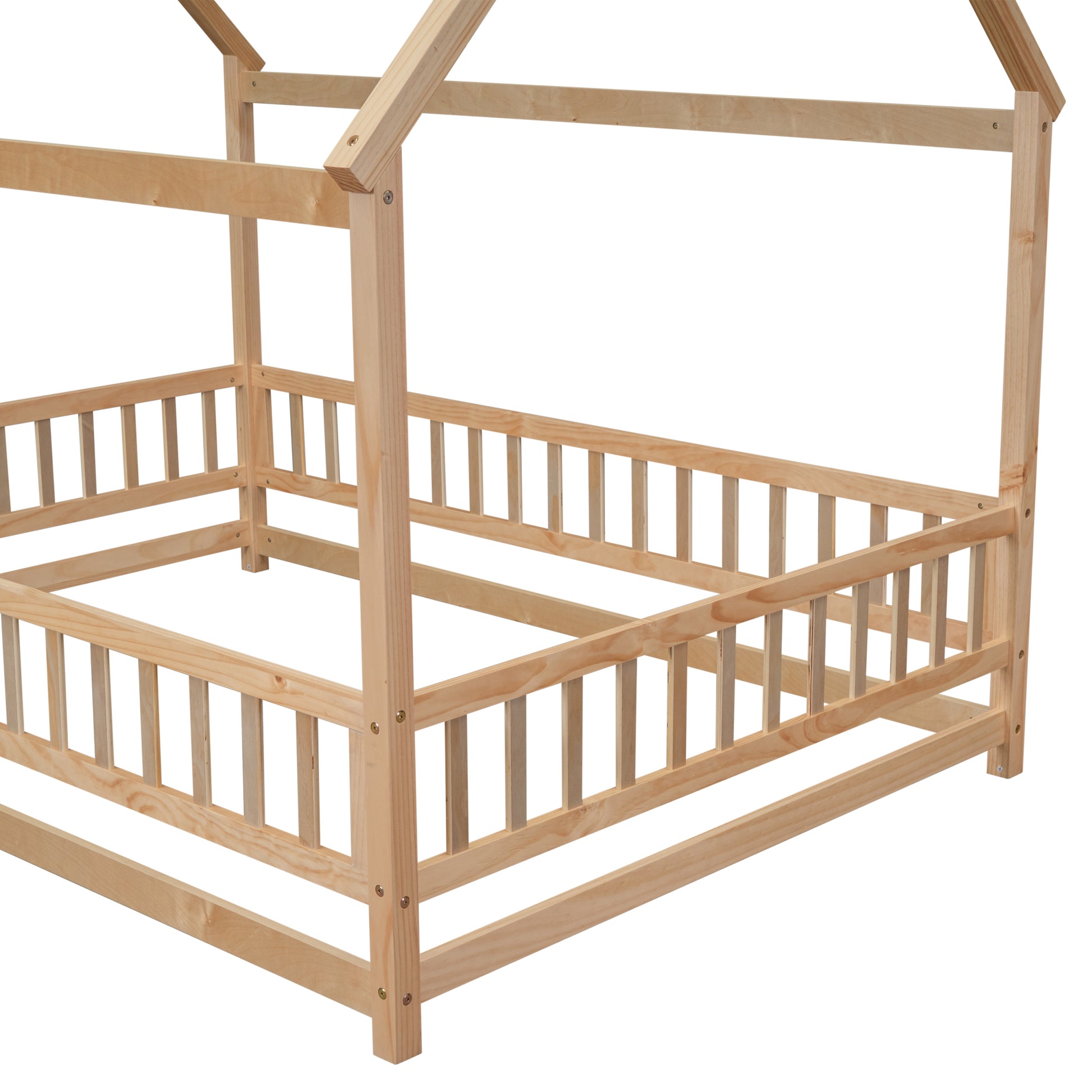 Full Size Floor Wooden Bed With House Roof Frame